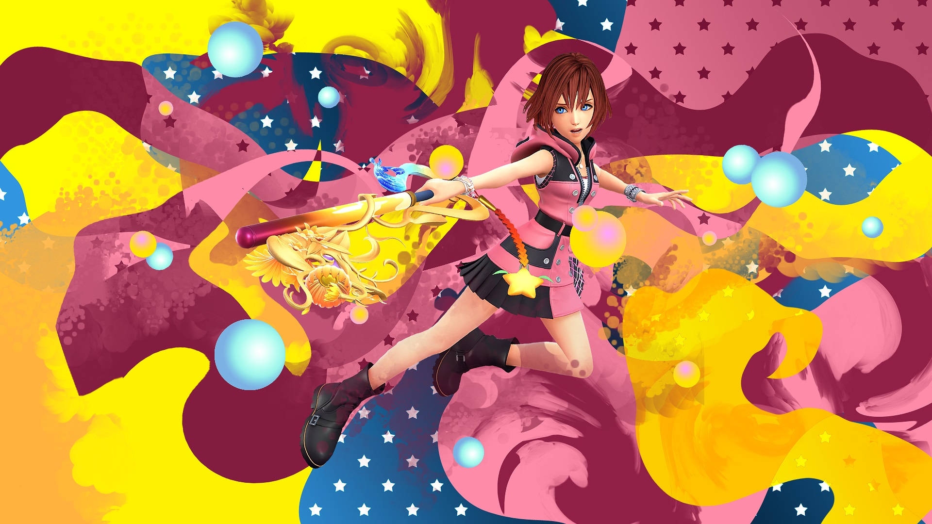 Kingdom Hearts 3 桌布 壁紙 — 一個動態的動漫女孩穿著粉紅色服裝，在旋轉的黃色、粉紅色和藍色星形抽象形狀中揮舞著發光的法杖。