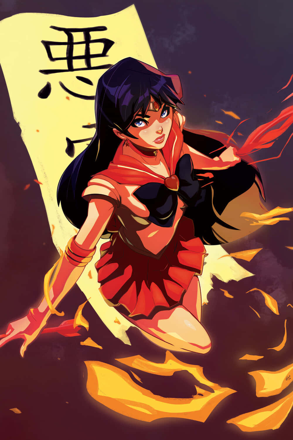 sailor mars 桌布 壁紙 — 一個動態的動漫女孩穿著紅色水手服，在深紫色背景上，於熾熱的橙色火焰中跳躍，並帶有發光的黃色橫幅。