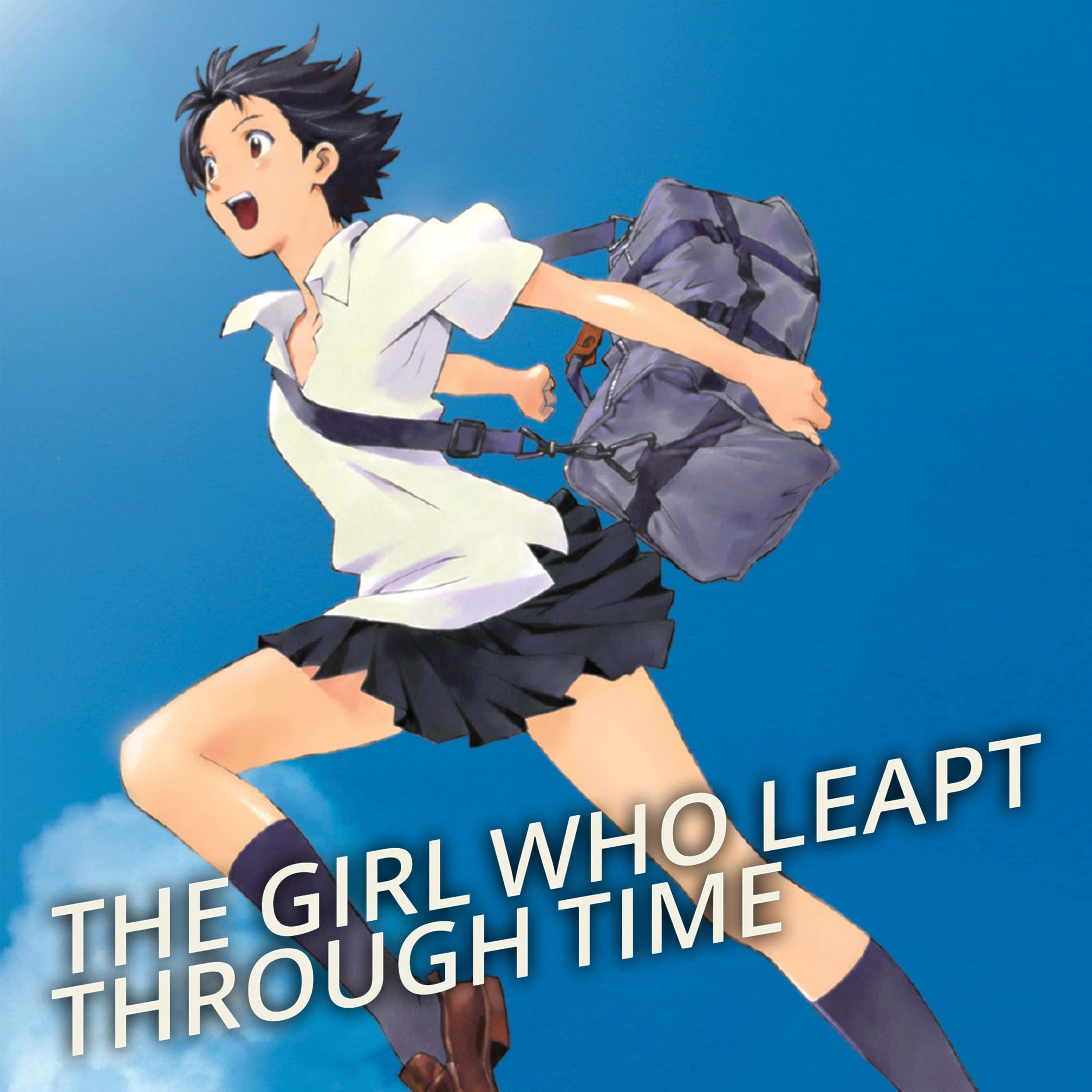 The Girl Who Leapt Through Time 桌布 壁紙 — 一個動態的動漫女學生穿著校服，背著背包跳過明亮的藍天，傳達出動感和冒險。