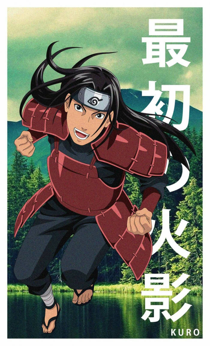 手機 桌布 壁紙 — 一個動態的動漫忍者，長長的黑髮和紅色盔甲，在帶有日文字的森林背景下向前跳躍。
