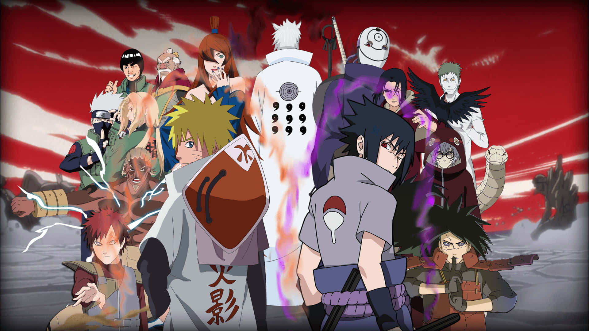 Naruto Group 桌布 壁紙 — 一個動態的動漫忍者團隊站在紅色和白色的暴風雨天空下，帶有發光的查克拉效果。