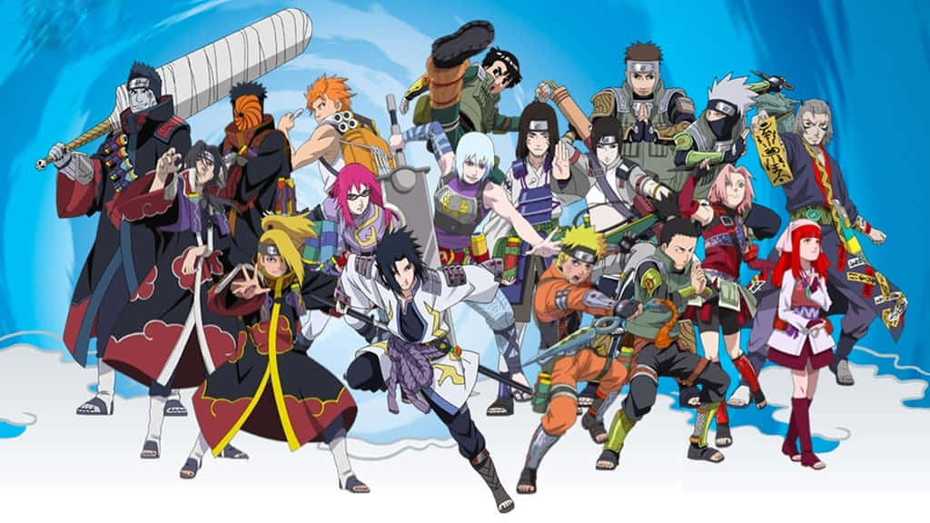 Ninja World 桌布 壁紙 — 一個動態的動漫忍者角色群體，在旋轉的藍白背景下擺出動作姿勢。