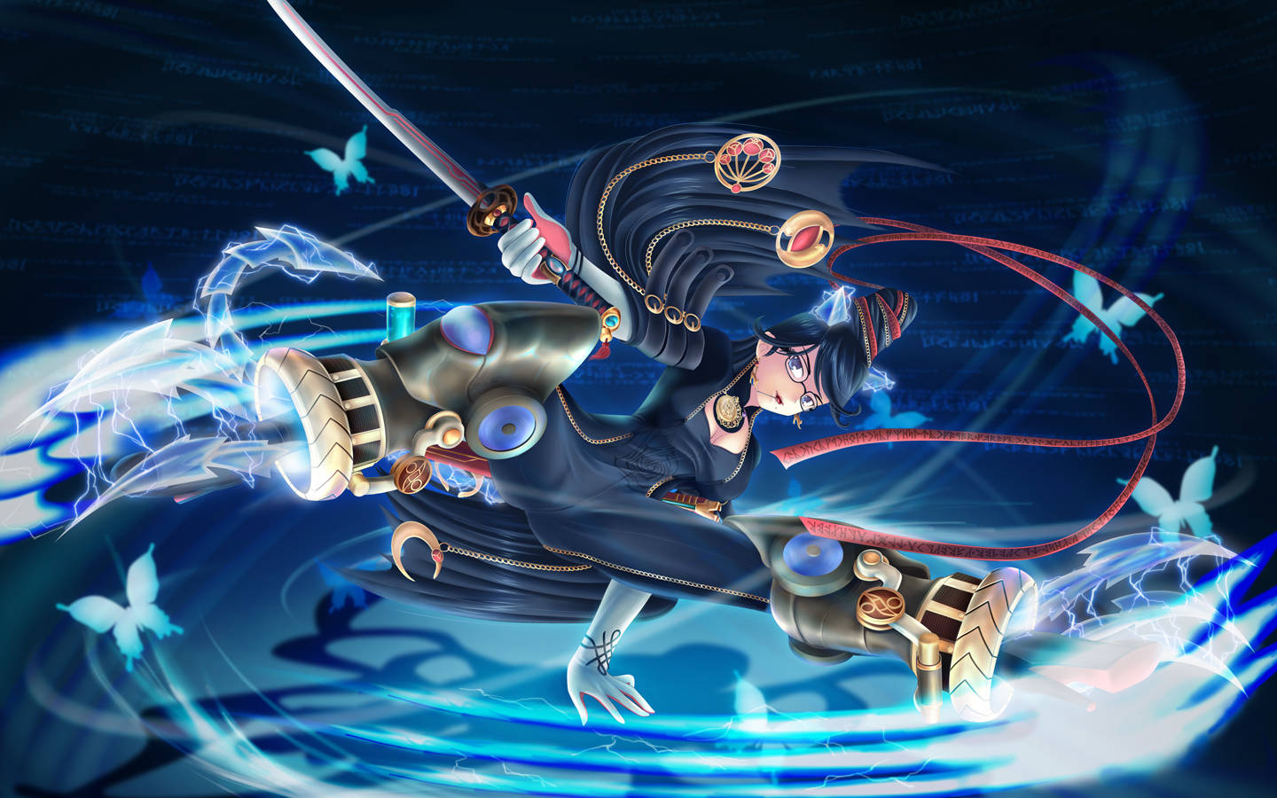 Bayonetta 桌布 壁紙 — 一個動態的動漫戰士，擁有機械肢體和飄逸的深色頭髮，用發光的劍劈開電藍色能量和漂浮的蝴蝶。