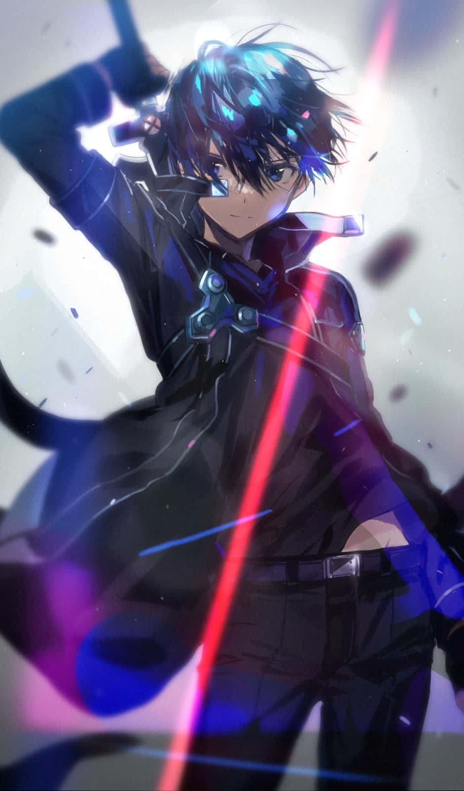 Kazuto Kirigaya 桌布 壁紙 — 一個動態的動漫戰士，擁有發光的藍色頭髮和紅色劍斬，在明亮的抽象背景前擺出動作中的姿勢。