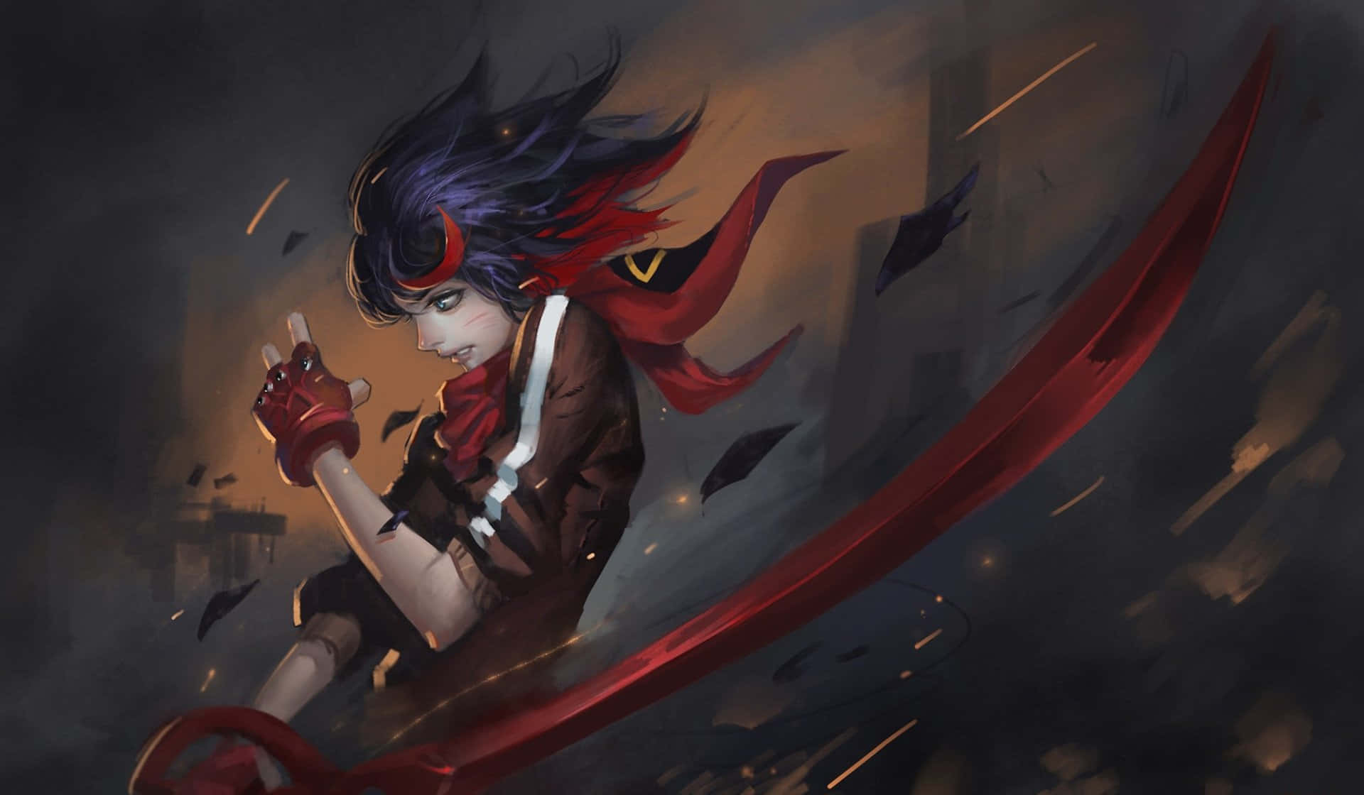 Kill La Kill 桌布 壁紙 — 一個動態的動漫戰士，紫色頭髮和紅色圍巾，用發光的紅色劍劃破黑暗的空氣。