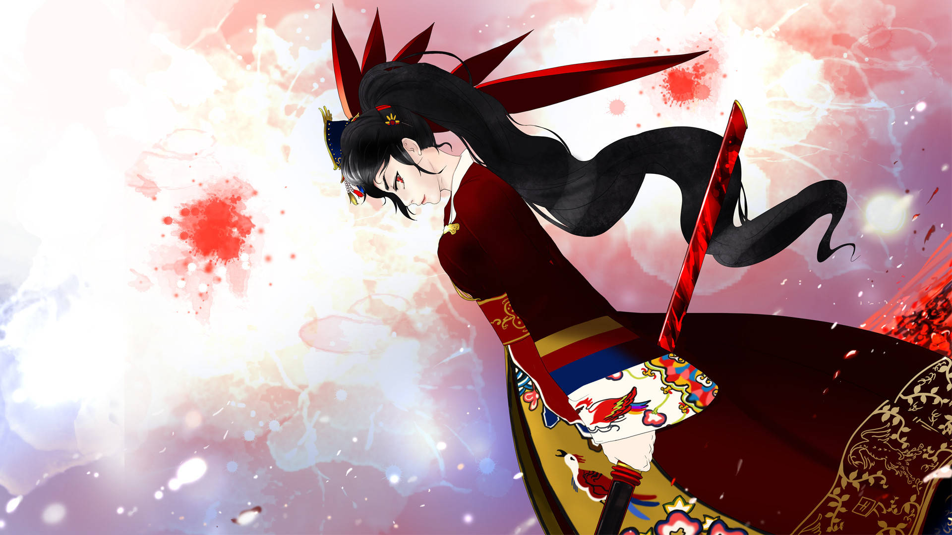 Tower Of God 桌布 壁紙 — 一個動態的動漫戰士，黑髮紅邊，在粉紅色和白色飛濺的鮮豔抽象背景中揮砍。
