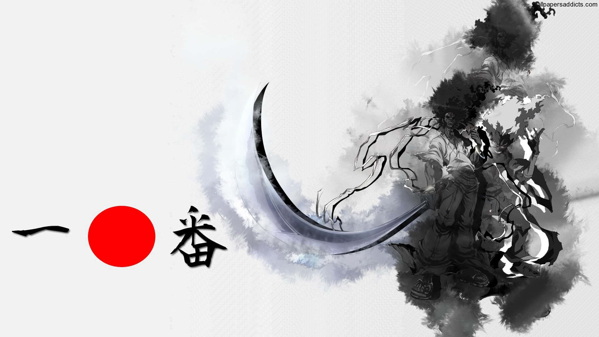 Bushido 桌布 壁紙 — 一個動態的動漫戰士在墨水飛濺的動作中揮舞著彎曲的刀刃，以粗體日文字和醒目的紅色圓圈為框架。
