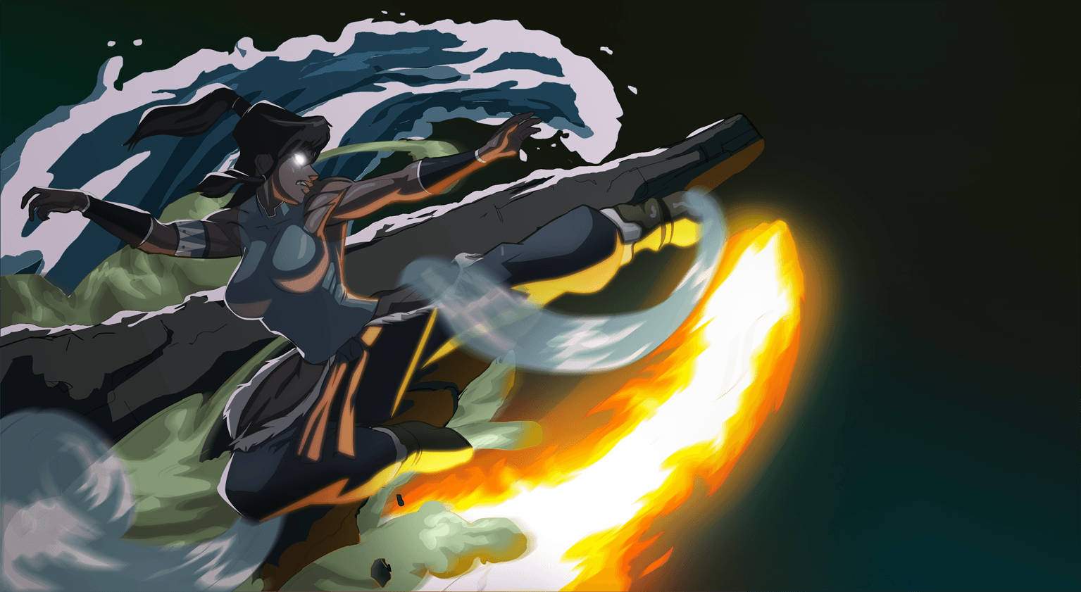 Korra 桌布 壁紙 — 一個動態的動漫戰士在黑暗的天空中跳躍，揮舞著火焰劍和旋轉的水刃。