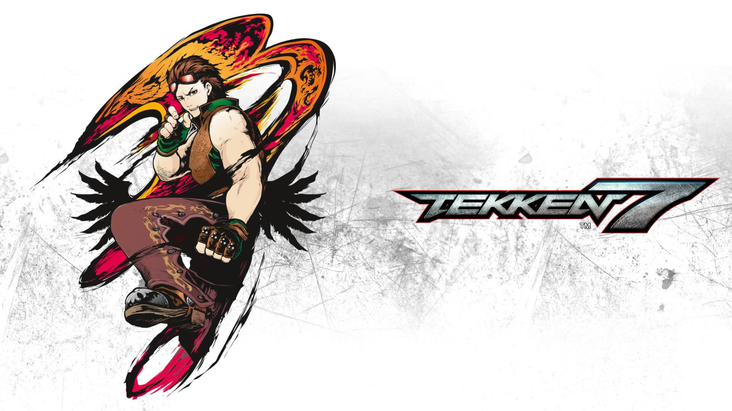 Tekken 桌布 壁紙 — 一個動態的動漫戰士帶著火焰翅膀在半空中躍起，背景是粗糙紋理和 Tekken 7 標誌。