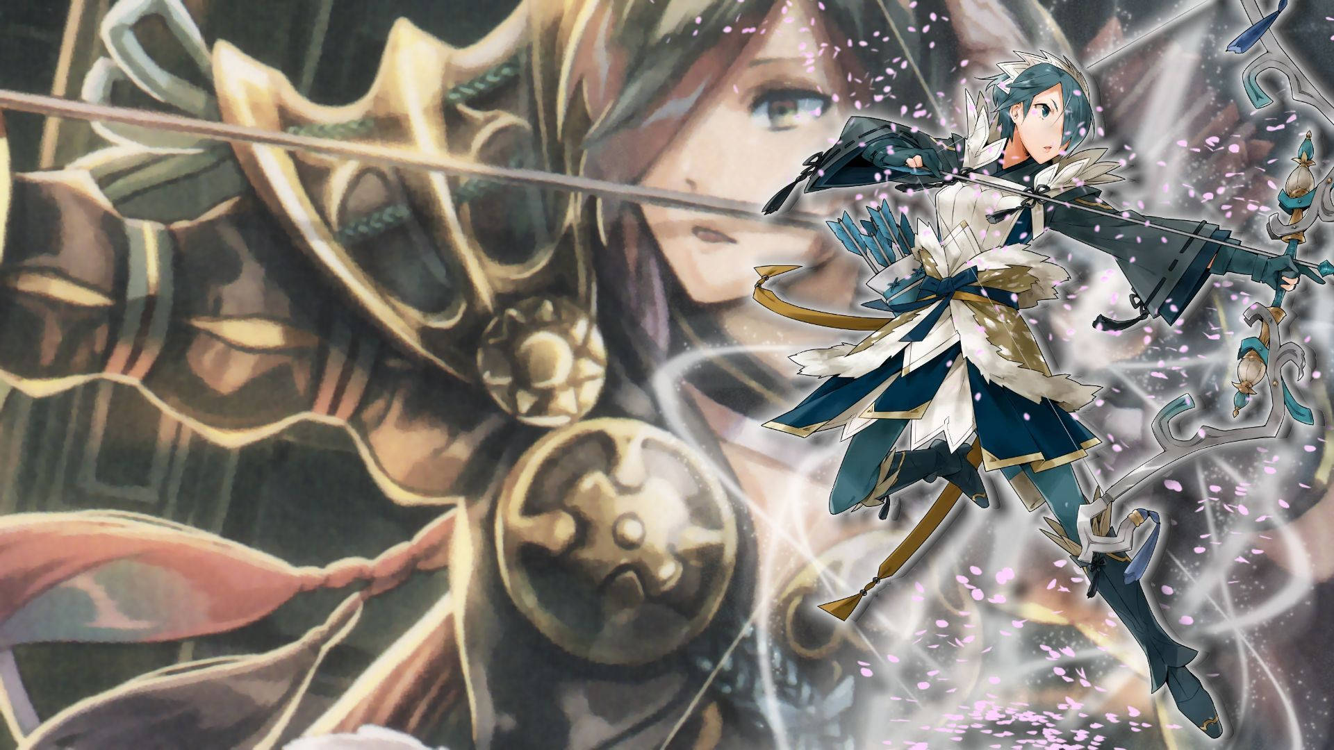 Fire Emblem 桌布 壁紙 — 一個動態的動漫戰士穿著華麗盔甲拉弓，背後一個更大的盔甲身影在旋轉的櫻花中隱現。