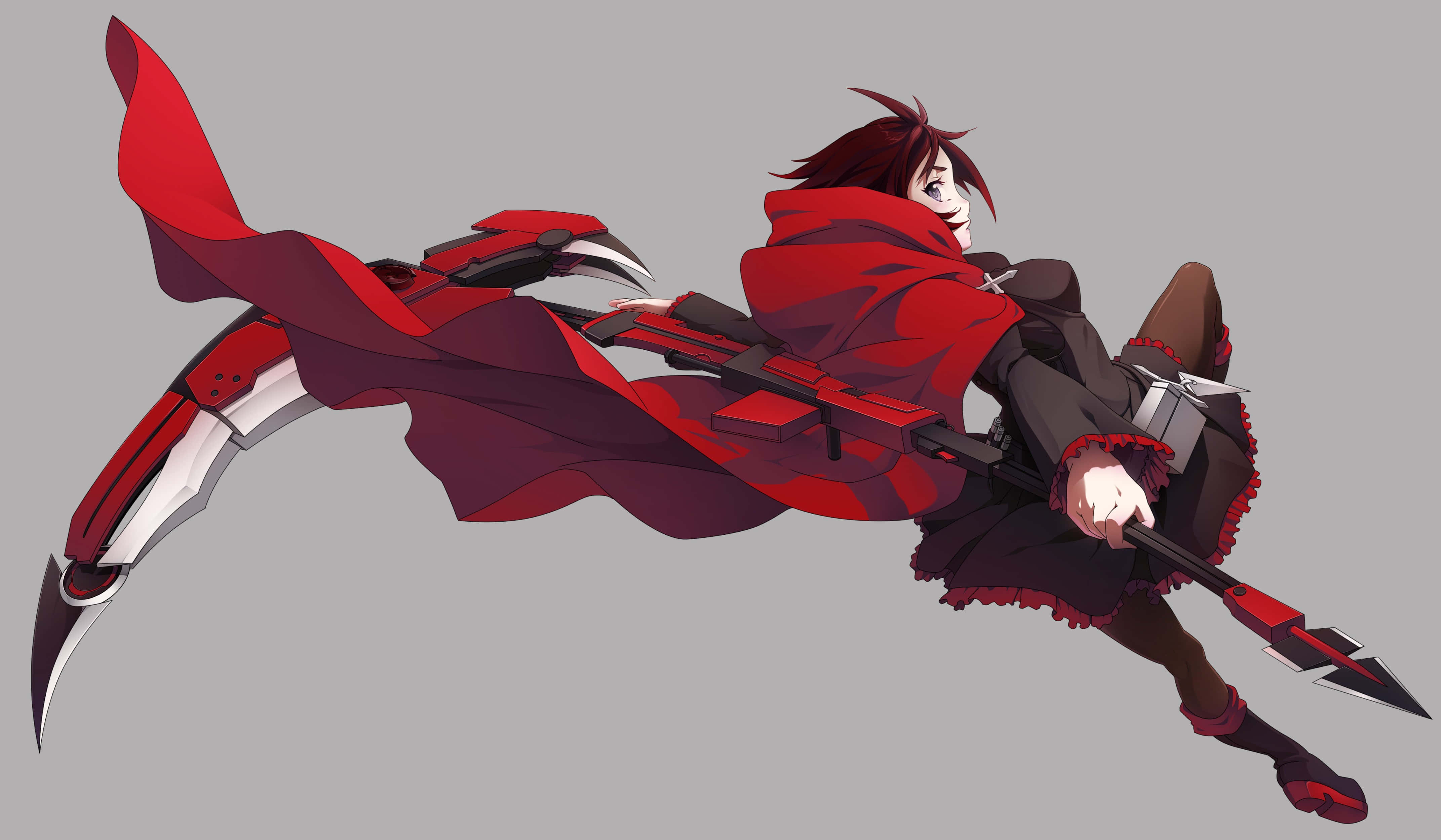 RWBY 桌布 壁紙 — 一個動態的動漫戰士穿著飄逸的紅色斗篷，在純灰色背景上揮舞著一把大鐮刀。