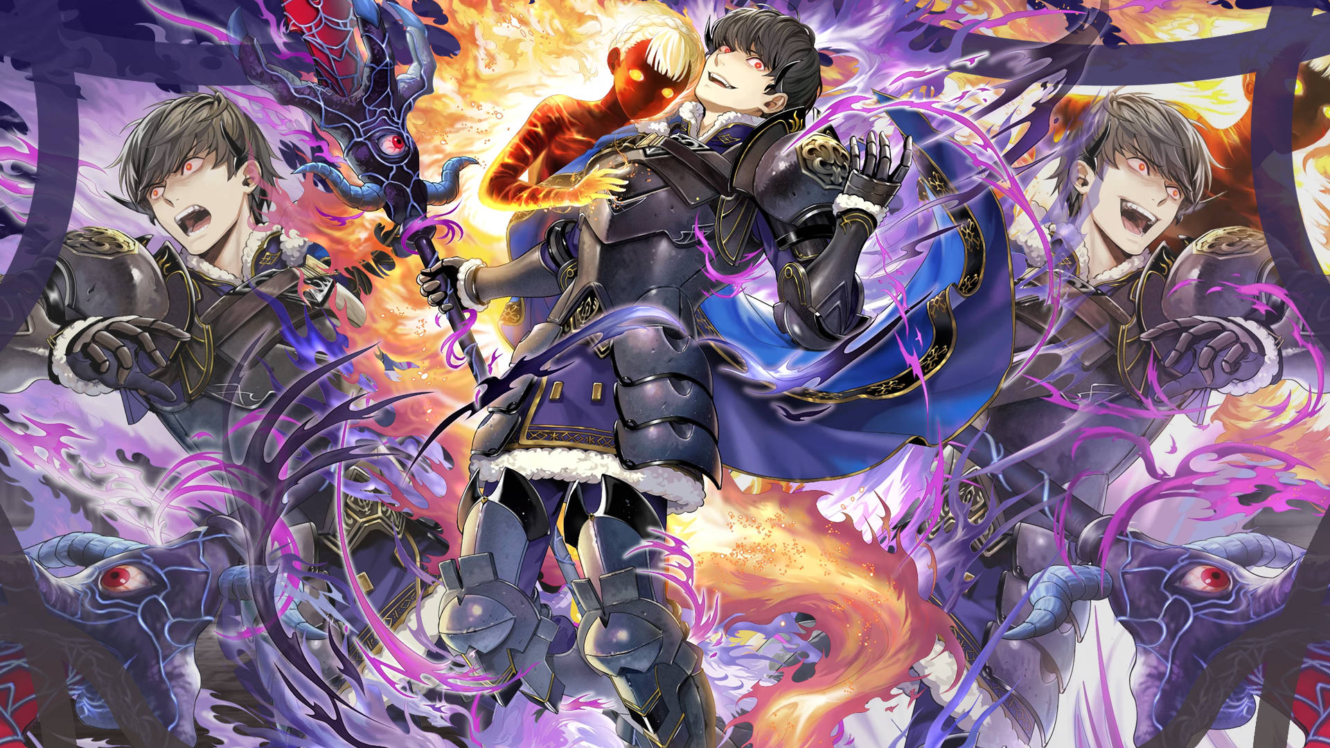 Fire Emblem 桌布 壁紙 — 一個動態的動漫戰士穿著黑暗盔甲，在旋轉的紫色和橙色魔法能量中揮舞著發光的劍，與惡魔生物一起。