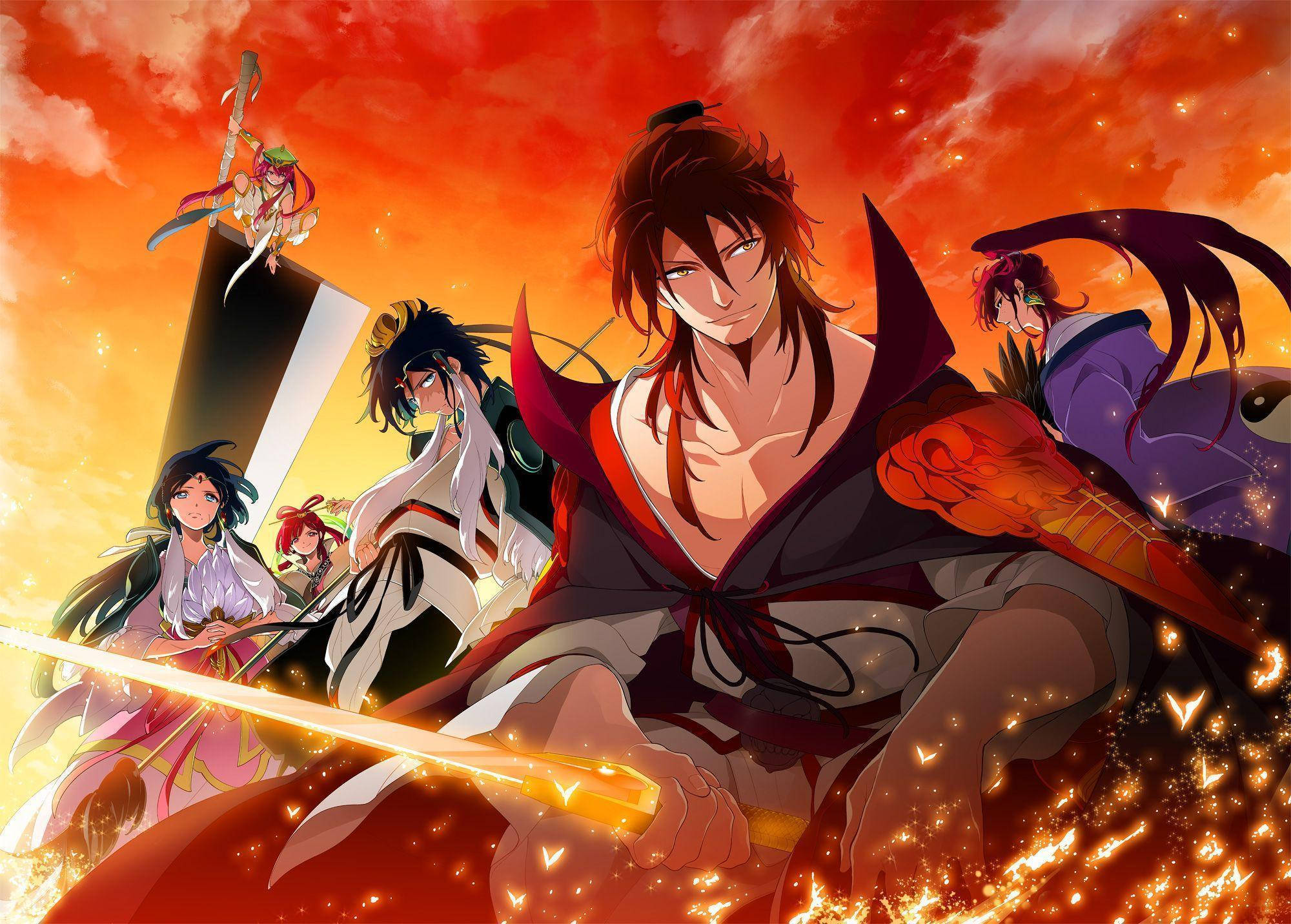 magi the kingdom of magic 桌布 壁紙 — 一個動態的動漫戰士群體手持劍，站在充滿火花和發光粒子的火熱日落天空前。