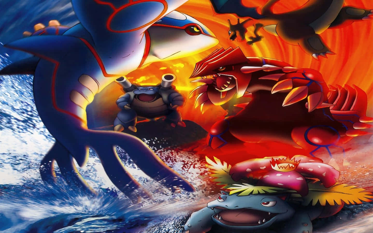 Epic Charizard 桌布 壁紙 — 一個動態的動漫戰鬥場景， featuring Gyarados、Garchomp 和其他寶可夢在洶湧的海浪和火焰爆炸中。