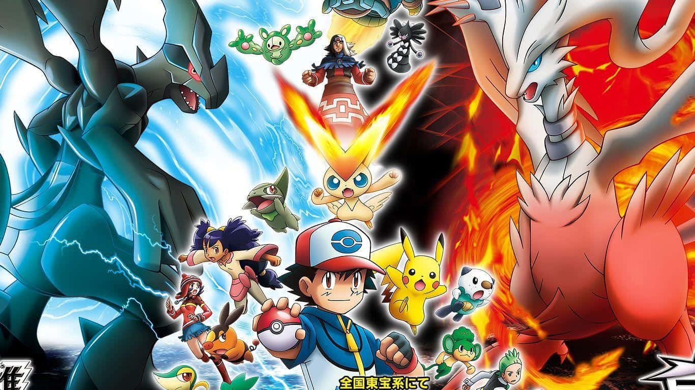 All-in-one 桌布 壁紙 — 一個動態的動漫戰鬥場景， featuring Pikachu Ash 和傳說中的寶可夢對抗火焰和電系的敵人。