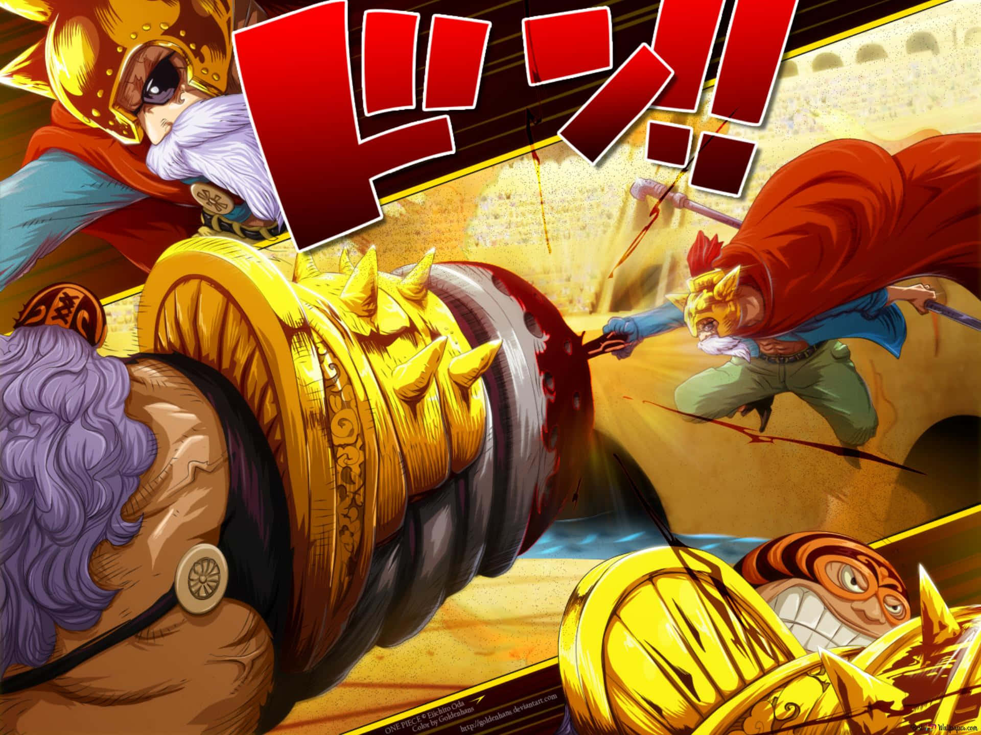 Sabo 桌布 壁紙 — 一個動態的動漫戰鬥場景，一位鬍鬚戰士在沙漠環境中向對手揮舞帶刺的金色錘子。