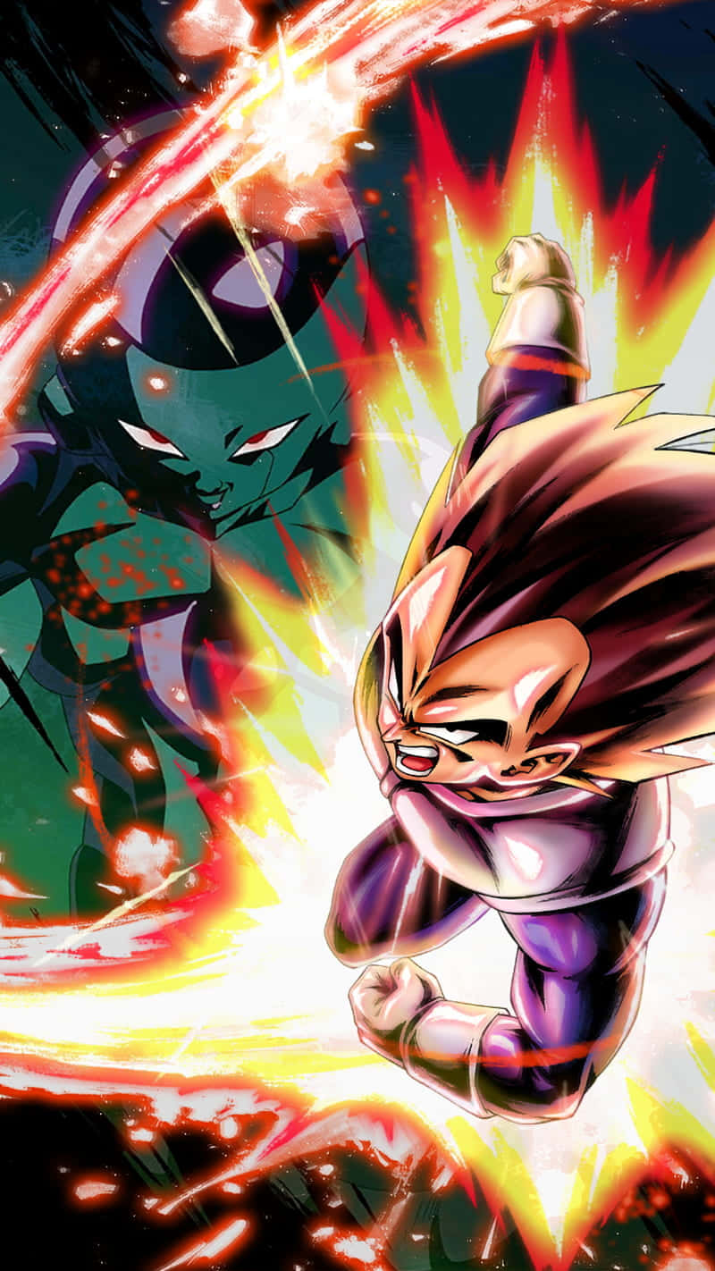 Vegeta And Frieza 桌布 壁紙 — 一個動態的動漫戰鬥場景，一個穿著紫色盔甲、頭髮尖刺的戰士與一個綠色皮膚的對手碰撞能量爆炸。