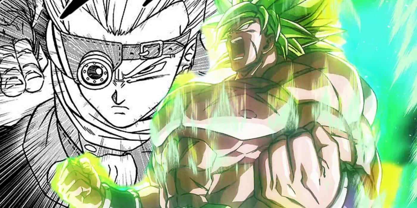 Vegeta And Broly 桌布 壁紙 — 一個動態的動漫戰鬥場景，一名綠髮戰士身環能量光環，面對一名黑白漫畫風格的蒙面戰士。
