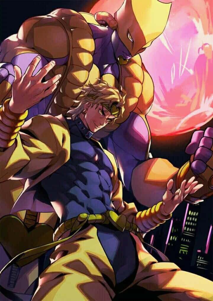 Dio The World 桌布 壁紙 — 一個動態的動漫戰鬥場景，一名肌肉發達的金髮戰士身穿黃色和紫色裝備，面對一個巨大的金色裝甲對手，背景是一個發光的粉紅色能量球。