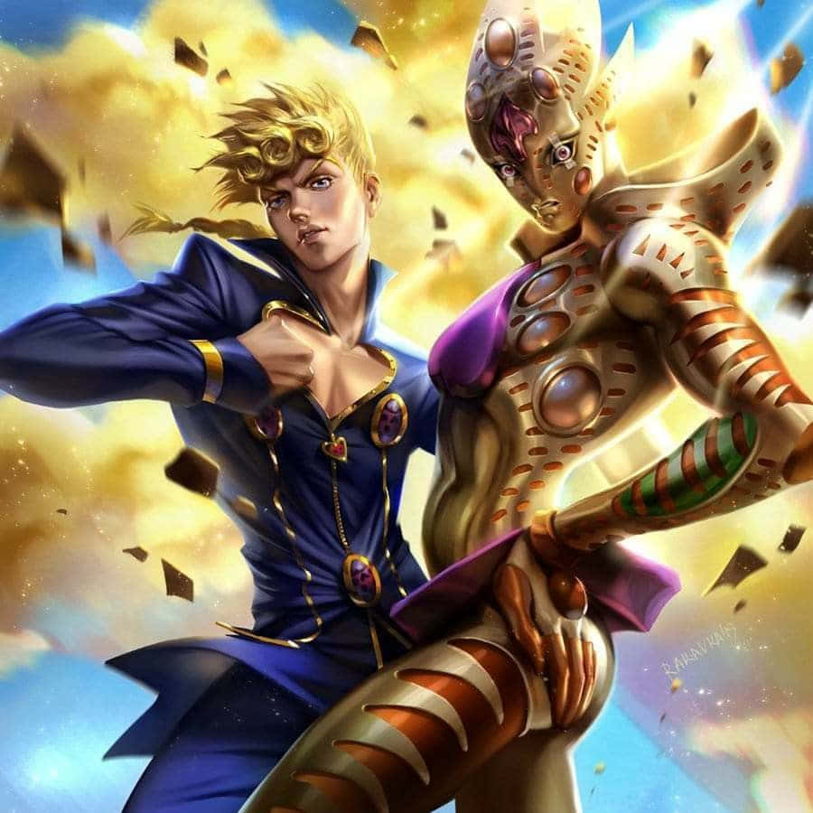 Gold Experience Jojo 桌布 壁紙 — 一個動態的動漫戰鬥場景，一名金髮男子穿著藍色服裝，一名金甲女子在爆炸的碎片和充滿活力的光線中。