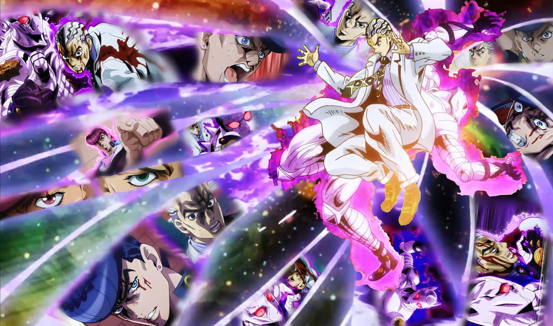 Kira Yoshikage 桌布 壁紙 — 一個動態的動漫戰鬥場景，中央有一位身穿白衣的戰士，被旋轉的紫色能量和多個激烈的角色面孔包圍。