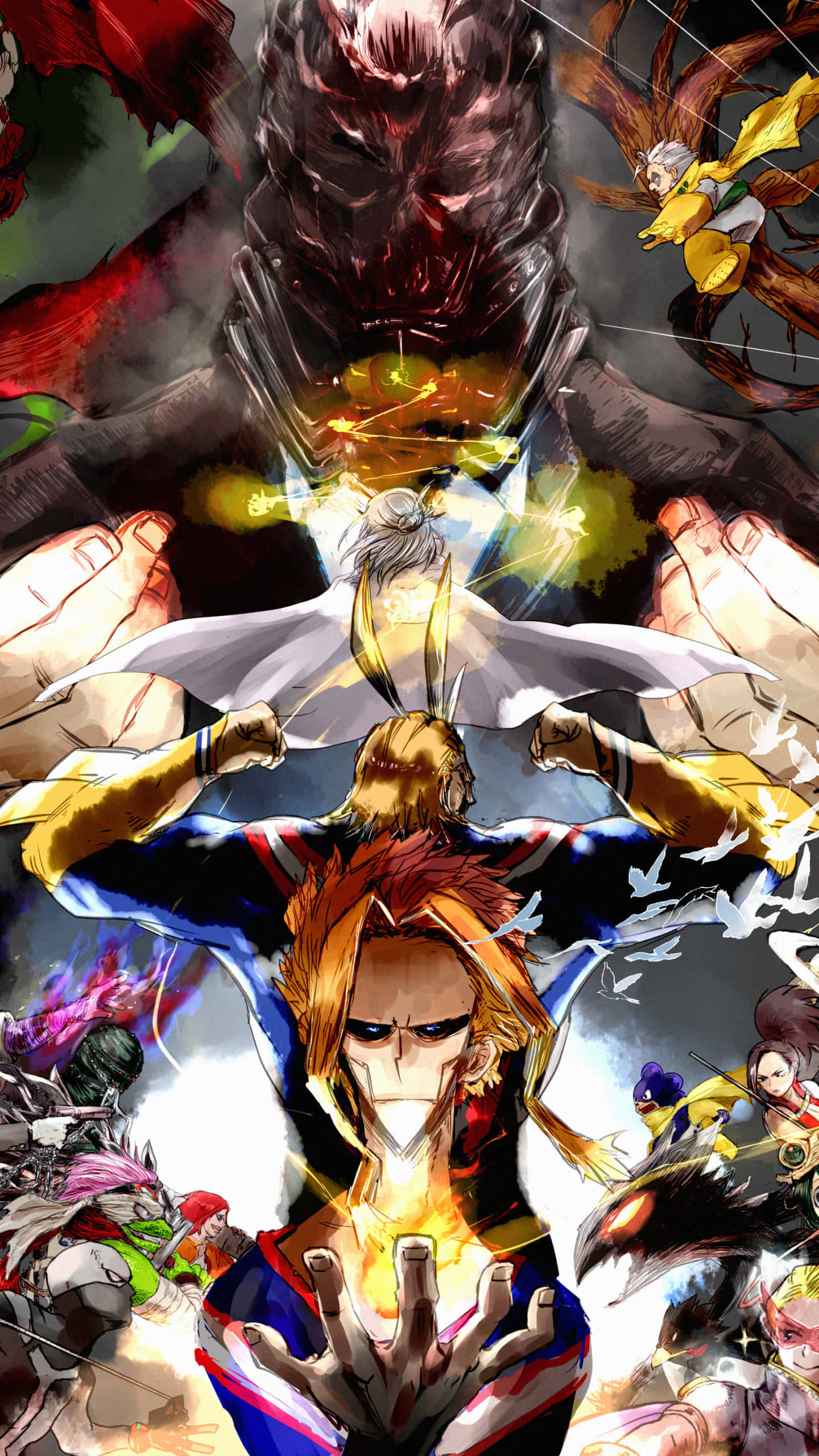 Dabi Boku No Hero 桌布 壁紙 — 一個動態的動漫戰鬥場景，中央英雄帶有火焰能量，被多個角色和一個 looming 的怪物形象包圍。