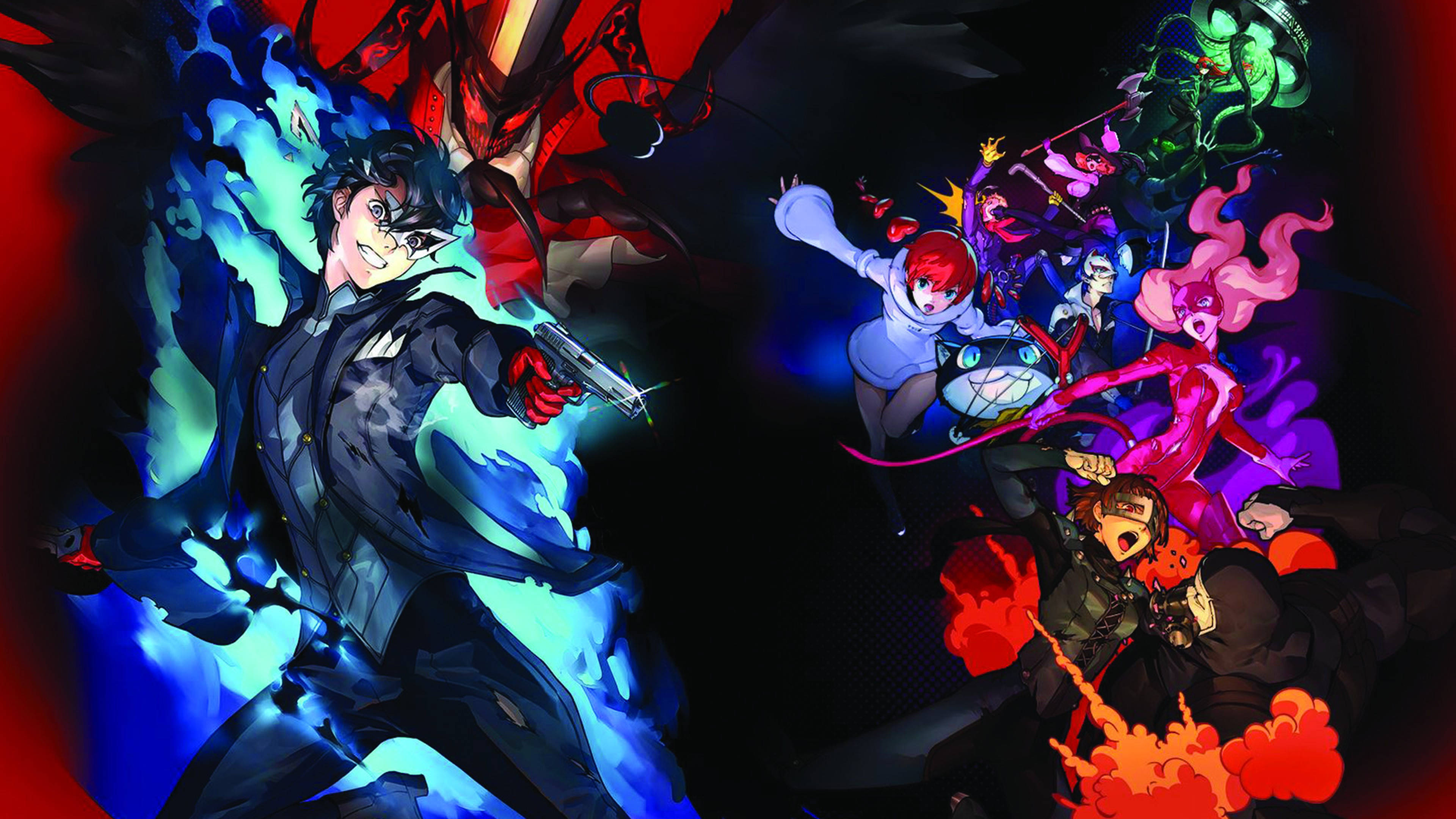 persona 5 4K 桌布 壁紙 — 一個動態的動漫戰鬥場景，中心角色揮舞著發光的槍，周圍環繞著色彩繽紛的超自然盟友對抗黑暗敵人。