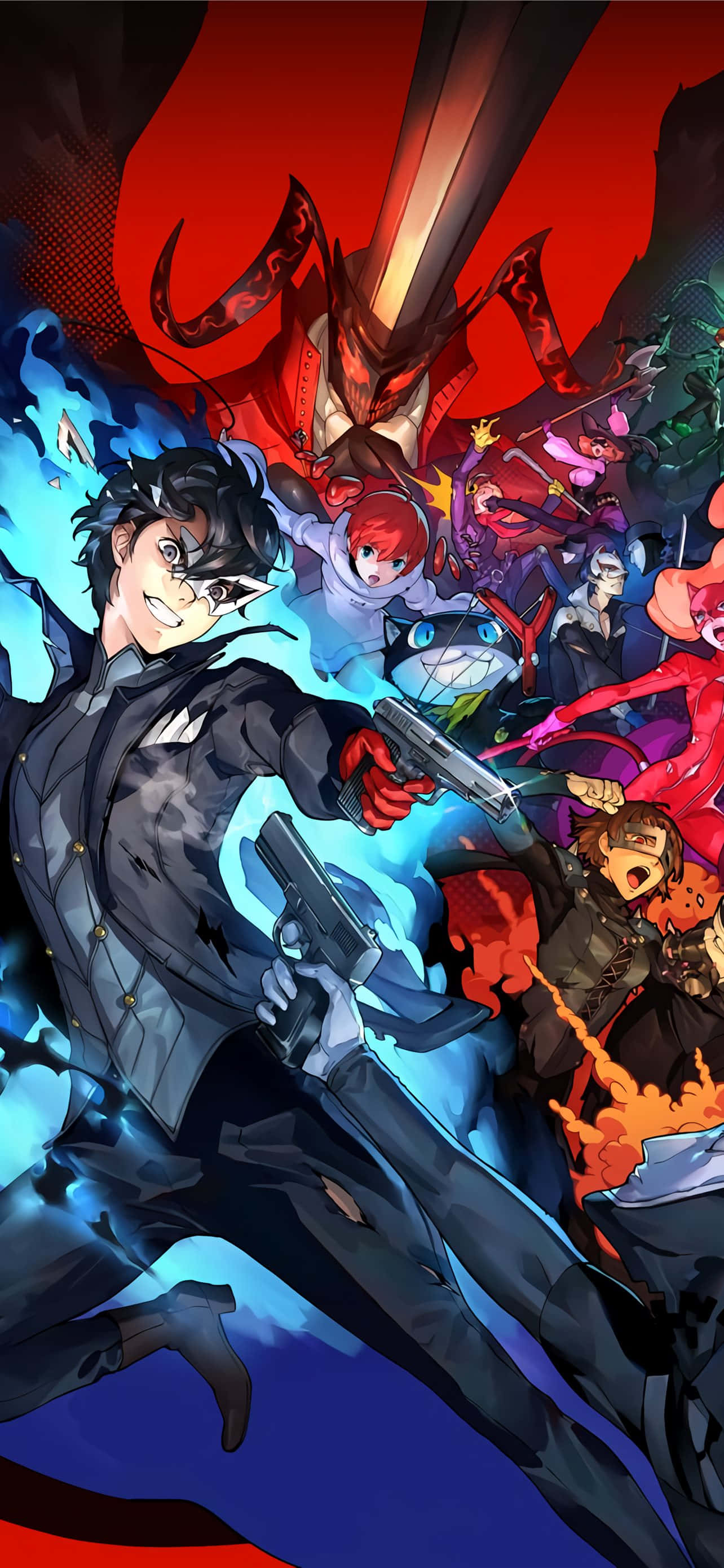 桌布 壁紙 — 一個動態的動漫戰鬥場景，主角手持槍械對抗一個惡魔般的紅色人物和色彩繽紛的盟友。