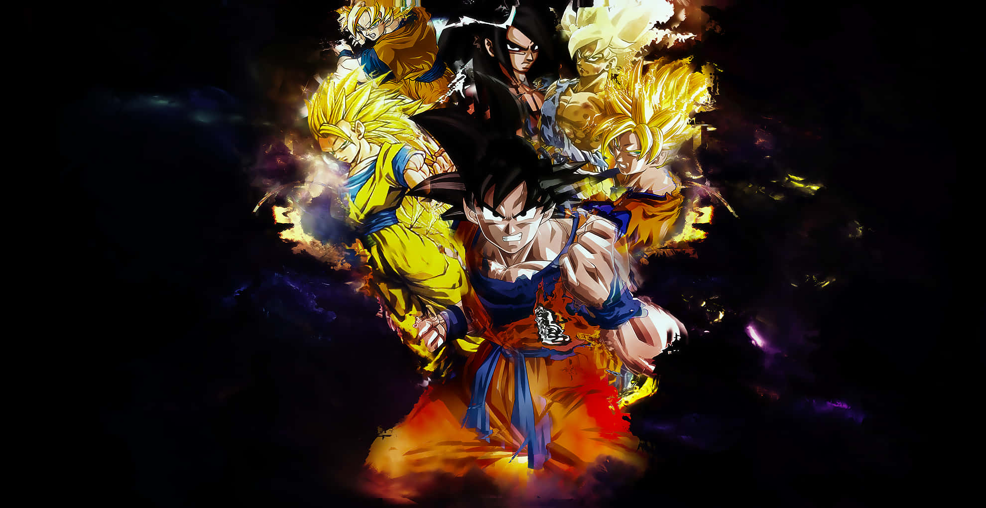 Dbz 桌布 壁紙 — 一個動態的動漫戰鬥場景，以悟空和其他賽亞人超級賽亞人形態對抗黑暗宇宙背景。