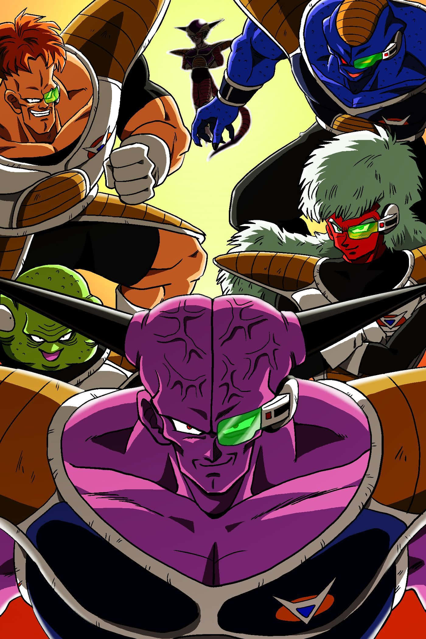 Ginyu Force 桌布 壁紙 — 一個動態的動漫戰鬥場景，以鮮豔色彩和粗線條描繪弗利沙和他的精英小隊。