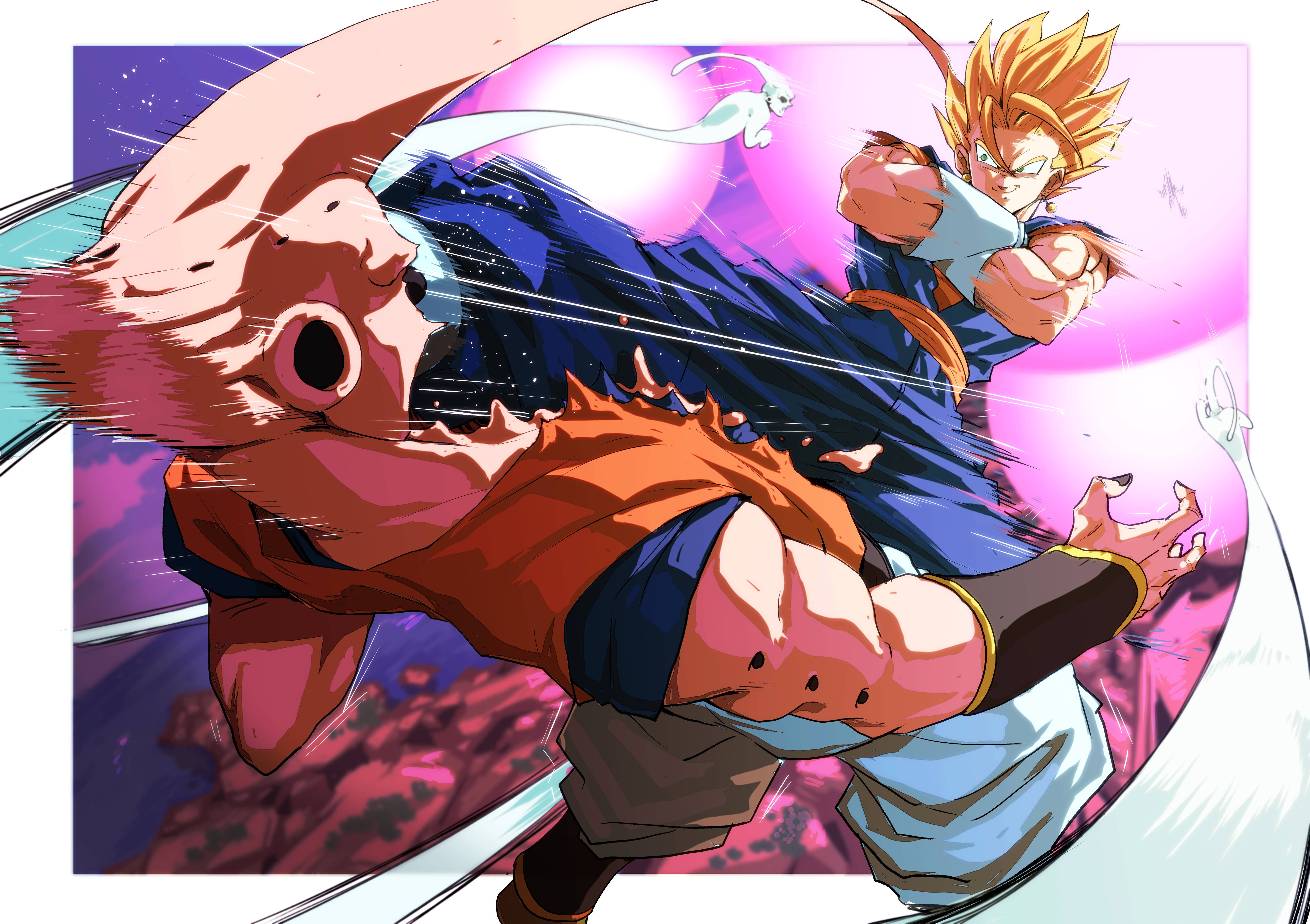 Vegito 桌布 壁紙 — 一個動態的動漫戰鬥場景，悟空以超級賽亞人形態在半空中攻擊一個怪物般的對手，背景是宇宙般的粉紅色和紫色。