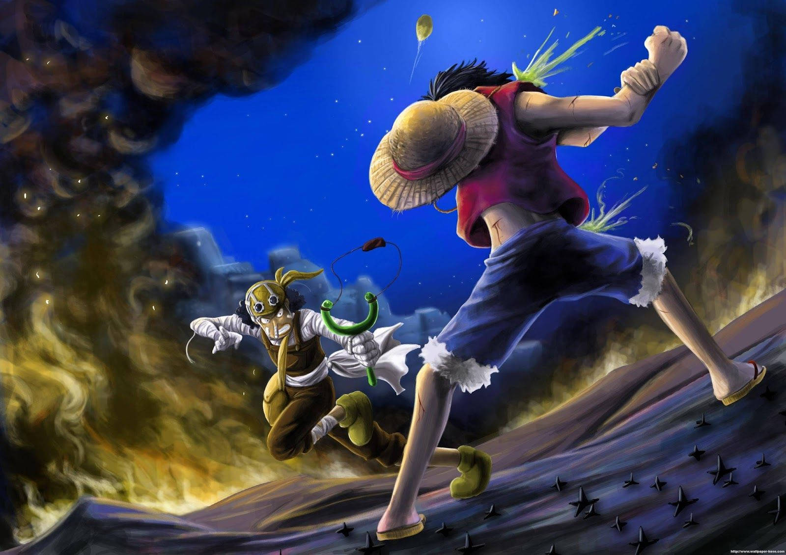 海賊王 桌布 壁紙 — 一個動態的動漫戰鬥場景，戴草帽的海盜在星空下跳躍向前，背景是火熱的。