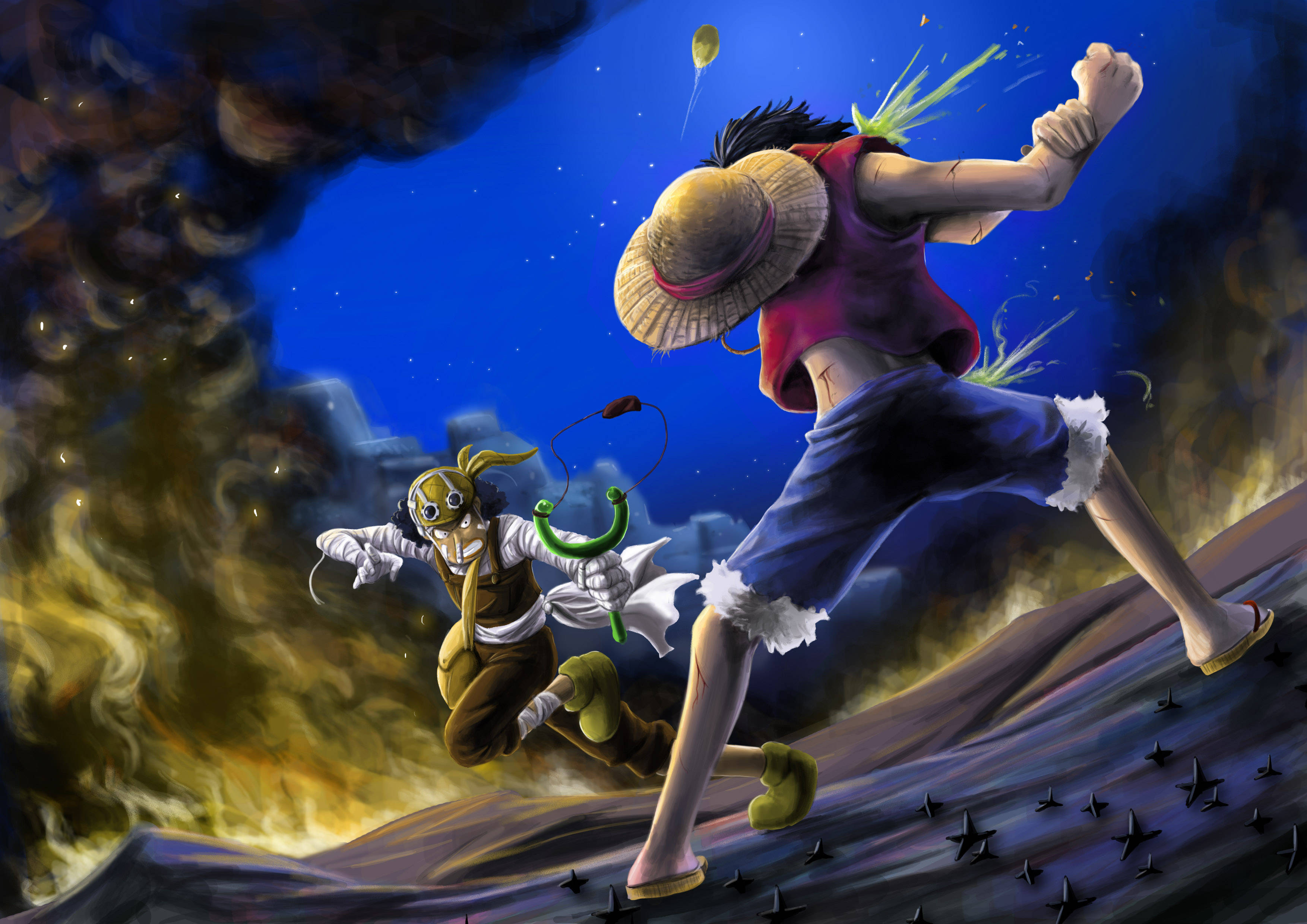 one piece usopp 桌布 壁紙 — 一個動態的動漫戰鬥場景，戴草帽的海盜在星空下衝向熾熱的背景。