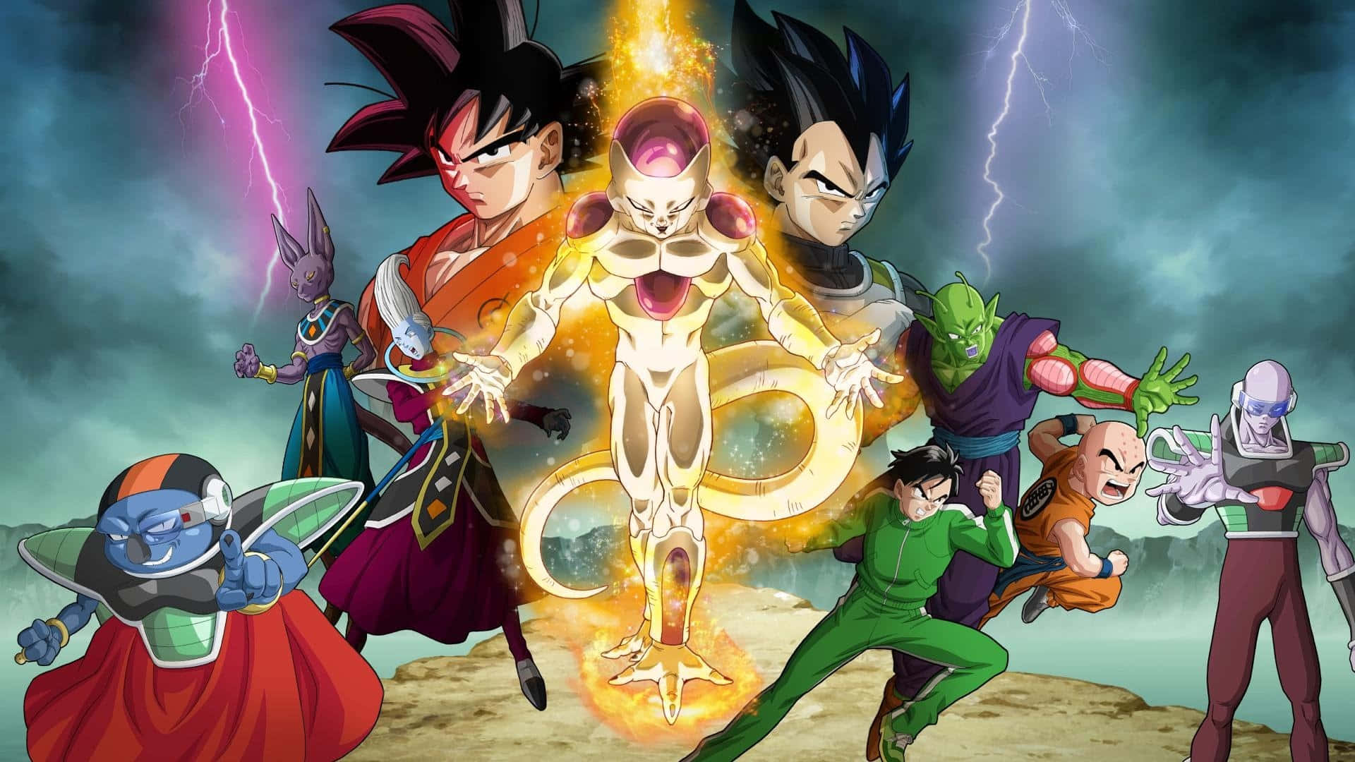 Dbz Movies 桌布 壁紙 — 一個動態的動漫戰鬥場景，描繪悟空、達爾及其他七龍珠角色包圍著發光的金色弗利沙，背景是暴風雨的天空。