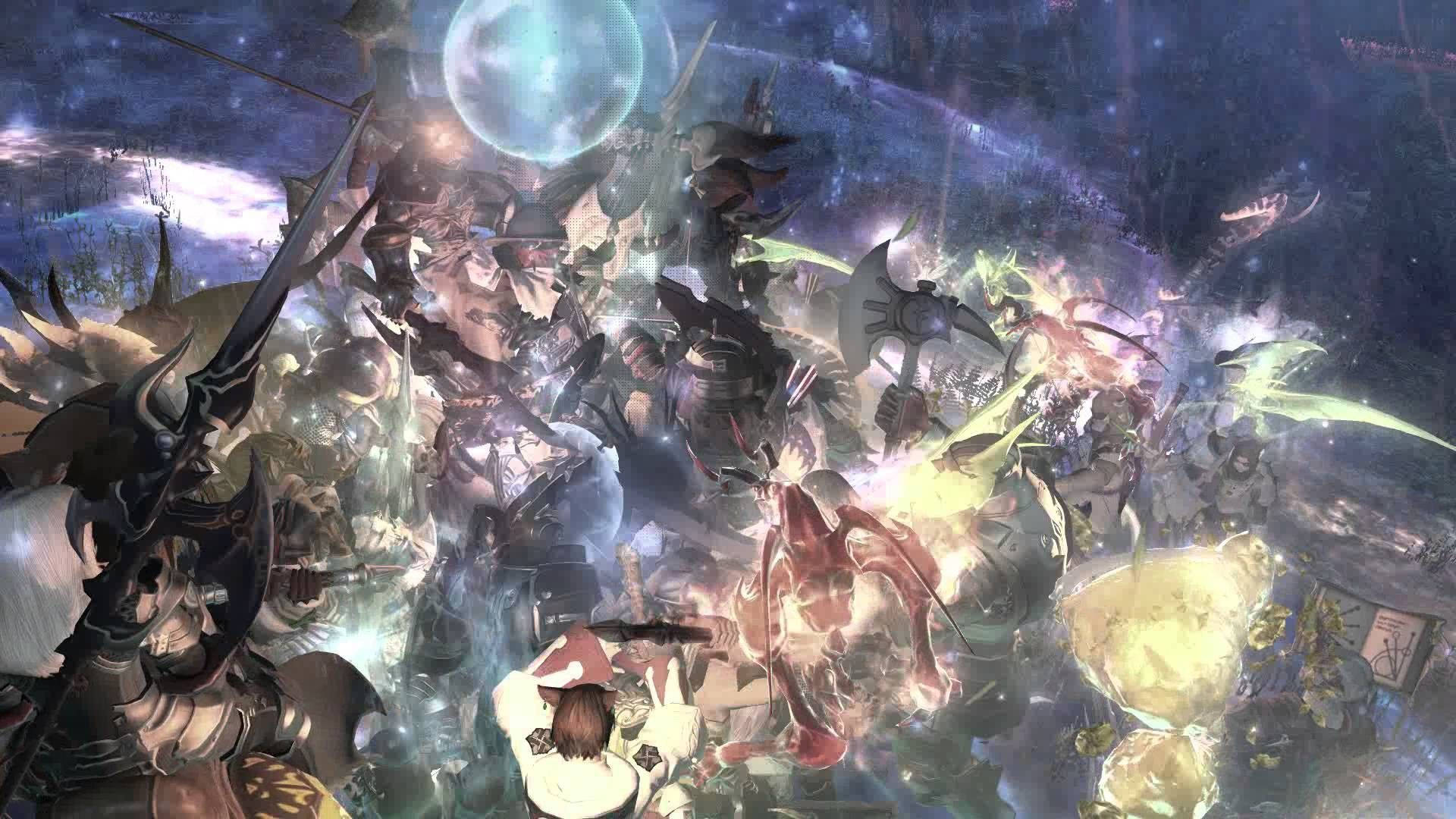 Ff14 桌布 壁紙 — 一個動態的動漫戰鬥場景，有裝甲戰士和發光生物，在一個有大月亮的宇宙天空下。