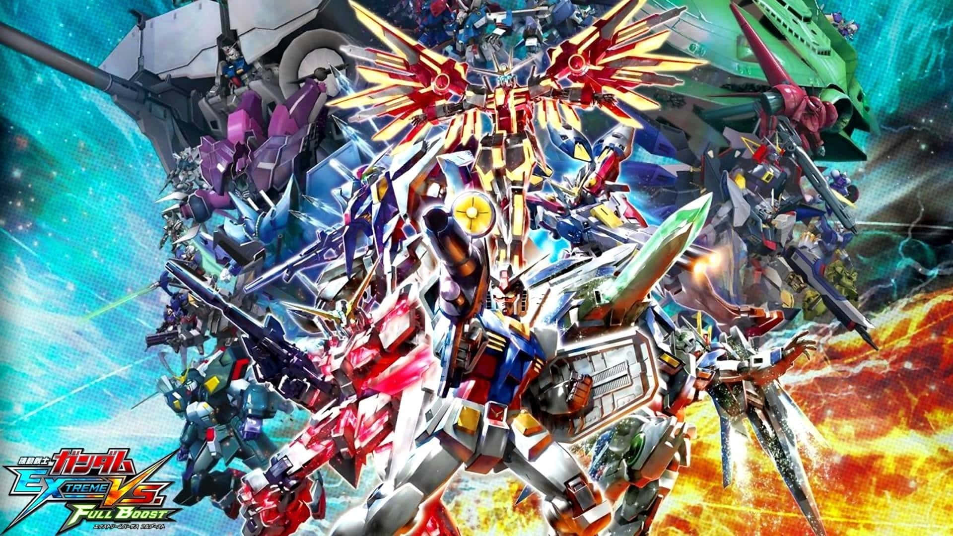 Gundam Desktop 桌布 壁紙 — 一個動態的動漫戰鬥場景，眾多色彩繽紛的機甲在半空中戰鬥，背景是宇宙，伴隨著熾熱的爆炸。
