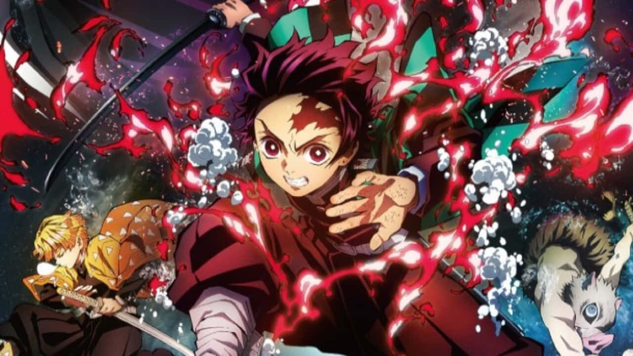 Demon Slayer Group 桌布 壁紙 — 一個動態的動漫戰鬥場景，紅髮劍士在旋轉的煙霧和其他角色中釋放出熾熱的能量。