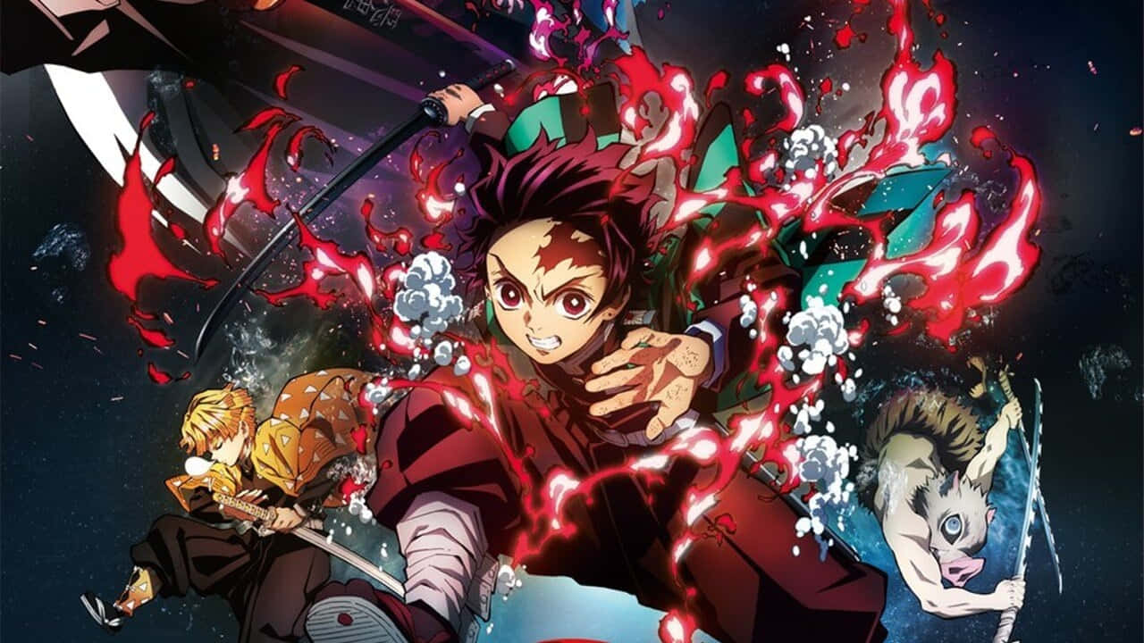 Demon Slayer Group 桌布 壁紙 — 一個動態的動漫戰鬥場景，紅髮劍士在黑暗的宇宙環境中對惡魔敵人釋放出熾熱的紅色能量。