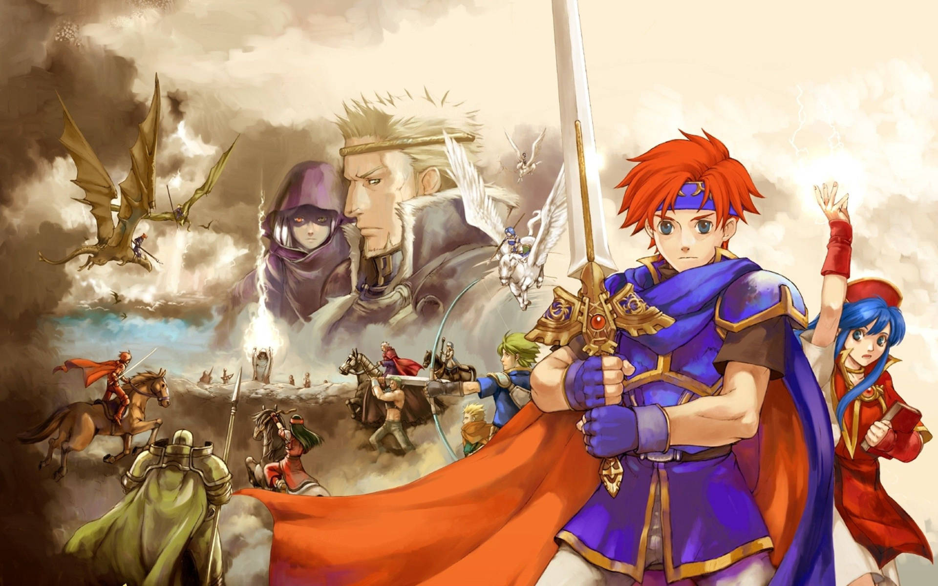 動漫角色在史詩般的奇幻戰鬥中與龍和戰士作戰。 — Fire Emblem Warriors 壁紙