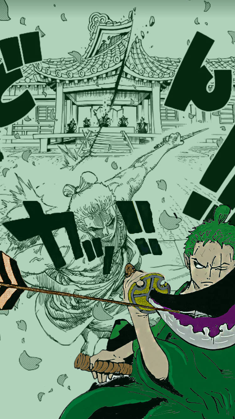 Wano 桌布 壁紙 — 一個動態的動漫戰鬥場景，綠髮劍士在傳統日本神社背景下向前衝刺。