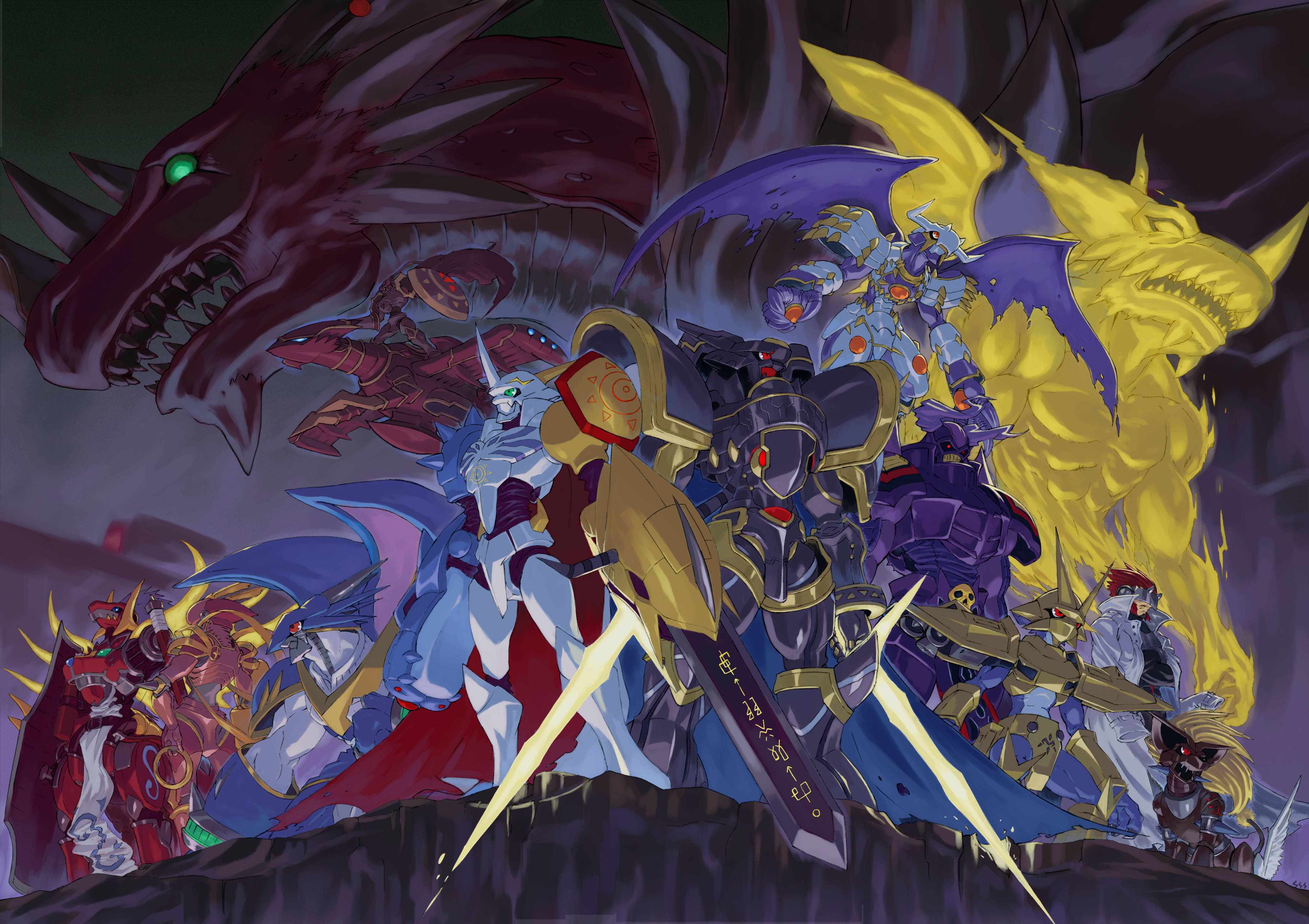 Digimon 桌布 壁紙 — 一個動態的動漫戰鬥場景，裝甲戰士與怪獸龍在黑暗、戲劇性的環境中衝突。