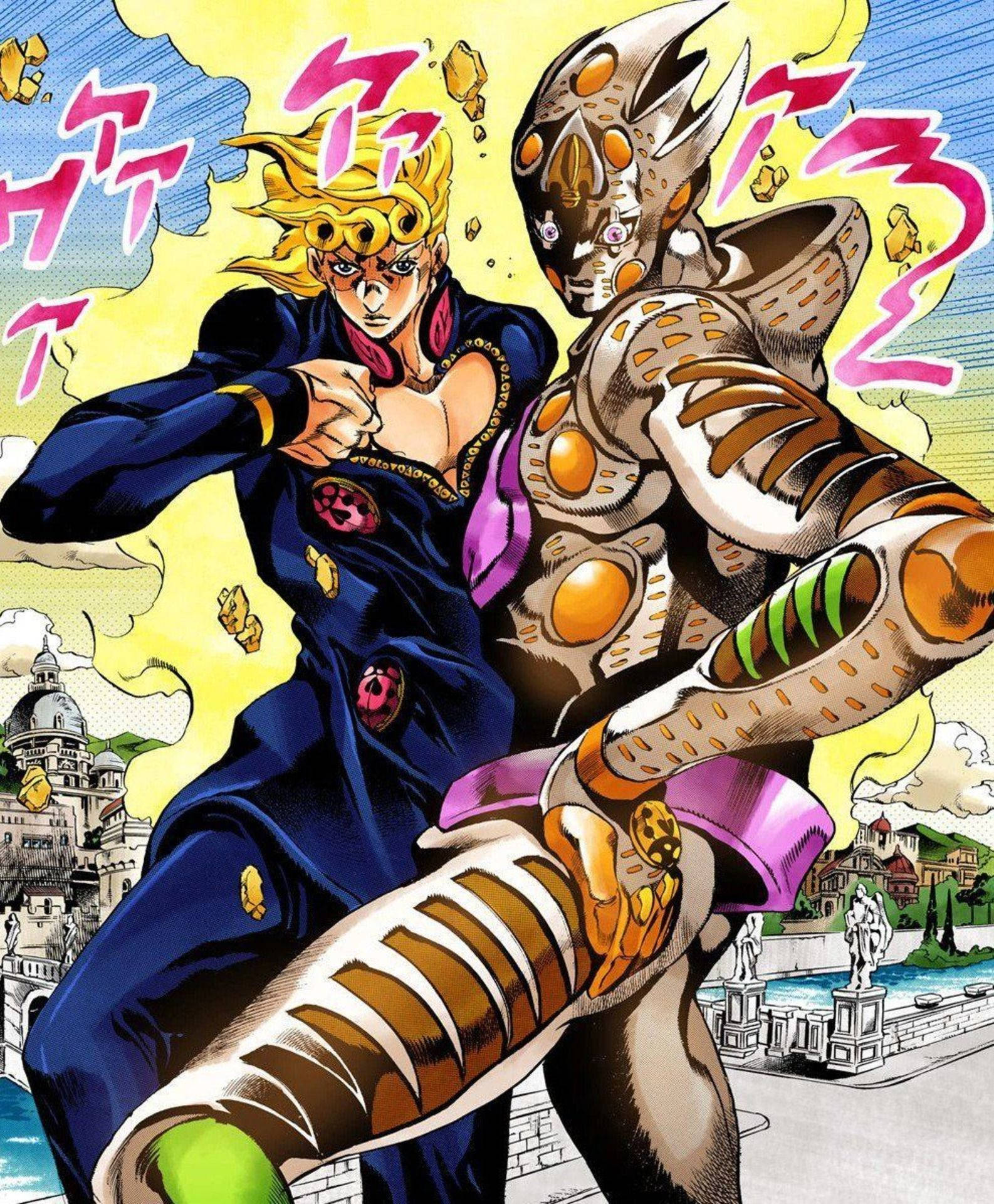 Giorno 桌布 壁紙 — 一個動態的動漫戰鬥場景，金髮戰士穿著藍色西裝與機械怪物在城市背景下交鋒。