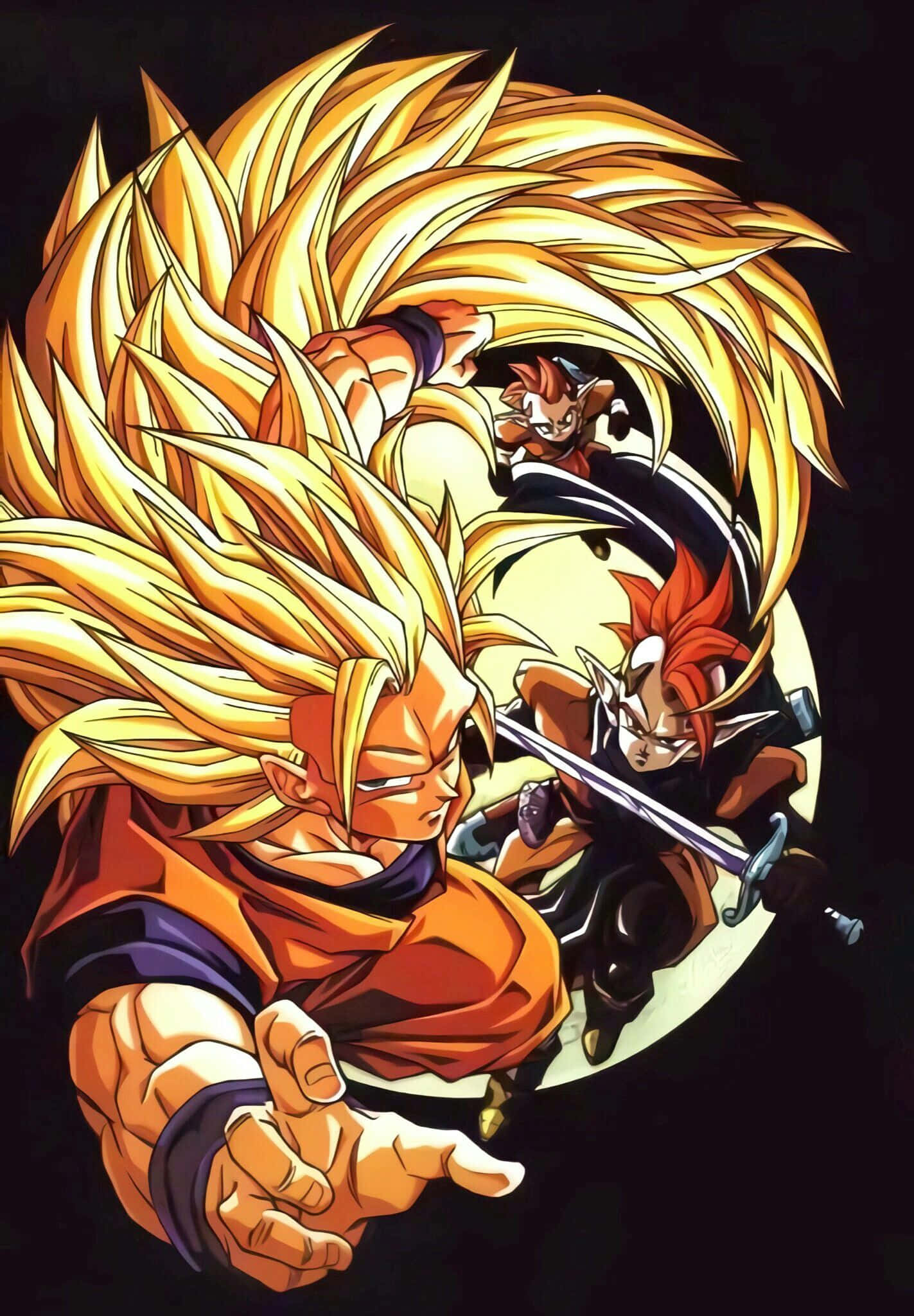 Dbz Movies 桌布 壁紙 — 一個動態的動漫戰鬥場景，金髮戰士身穿橙色道服，與紅髮劍士在黑暗背景中對峙。