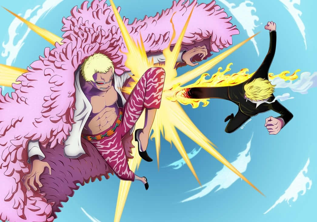 Donquixote Doflamingo 桌布 壁紙 — 一個動態的動漫戰鬥場景，金髮戰士穿著粉紅色毛皮外套，在明亮的藍天下踢向一個燃燒的對手。