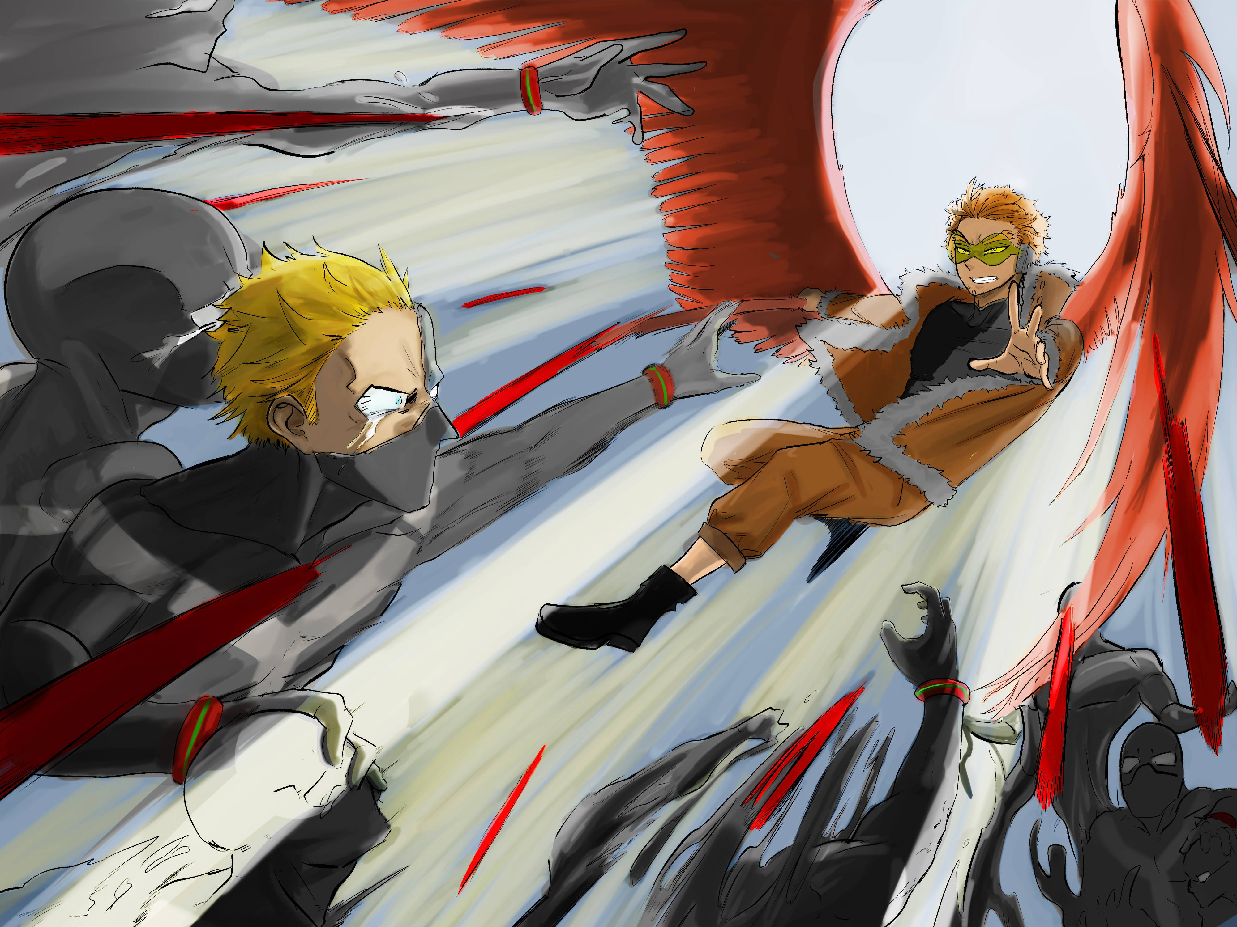 Hawks My Hero Academia 桌布 壁紙 — 一個動態的動漫戰鬥場景，金髮英雄穿著灰色西裝，在動態線條中對抗紅翼對手。
