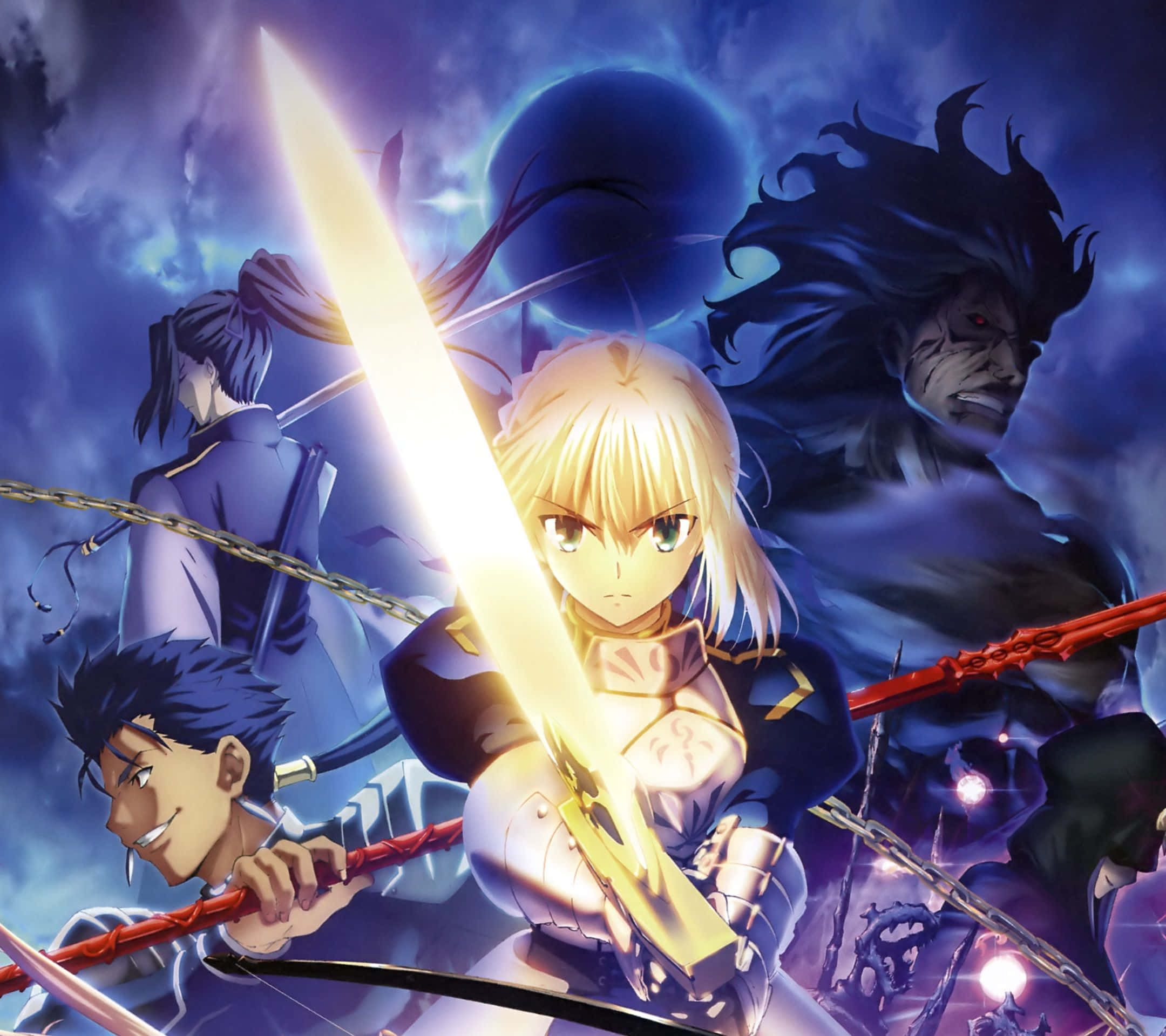 Saber Fate Stay Night 桌布 壁紙 — 一個動態的動漫戰鬥場景，金髮騎士揮舞著發光的劍，在暴風雨的天空下對抗黑暗的超自然敵人。