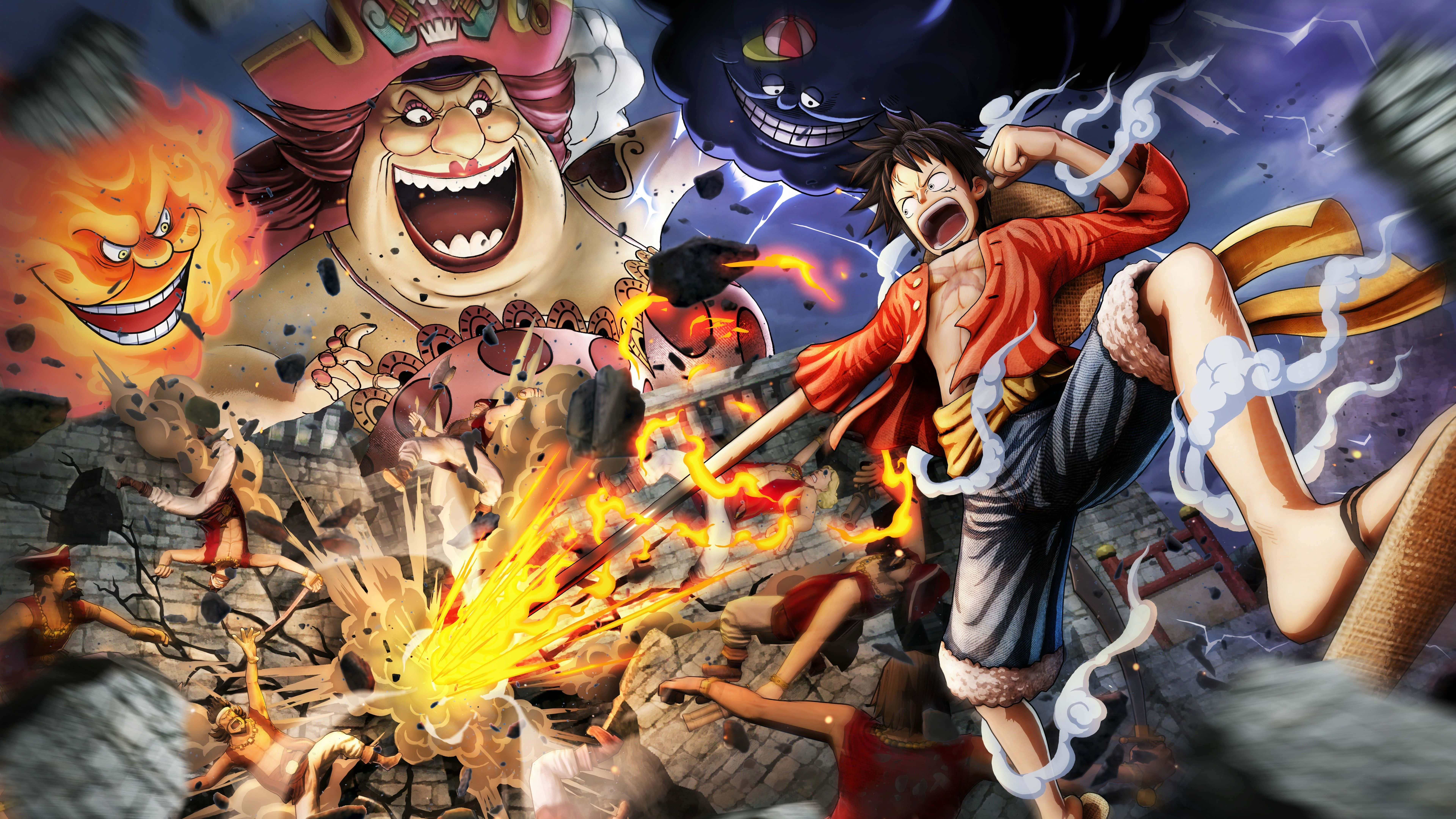 One Piece 5K 桌布 壁紙 — 一個動態的動漫戰鬥場景，魯夫在半空中踢腿，周圍是熾熱的爆炸和怪物般的敵人在破碎的城市環境中。