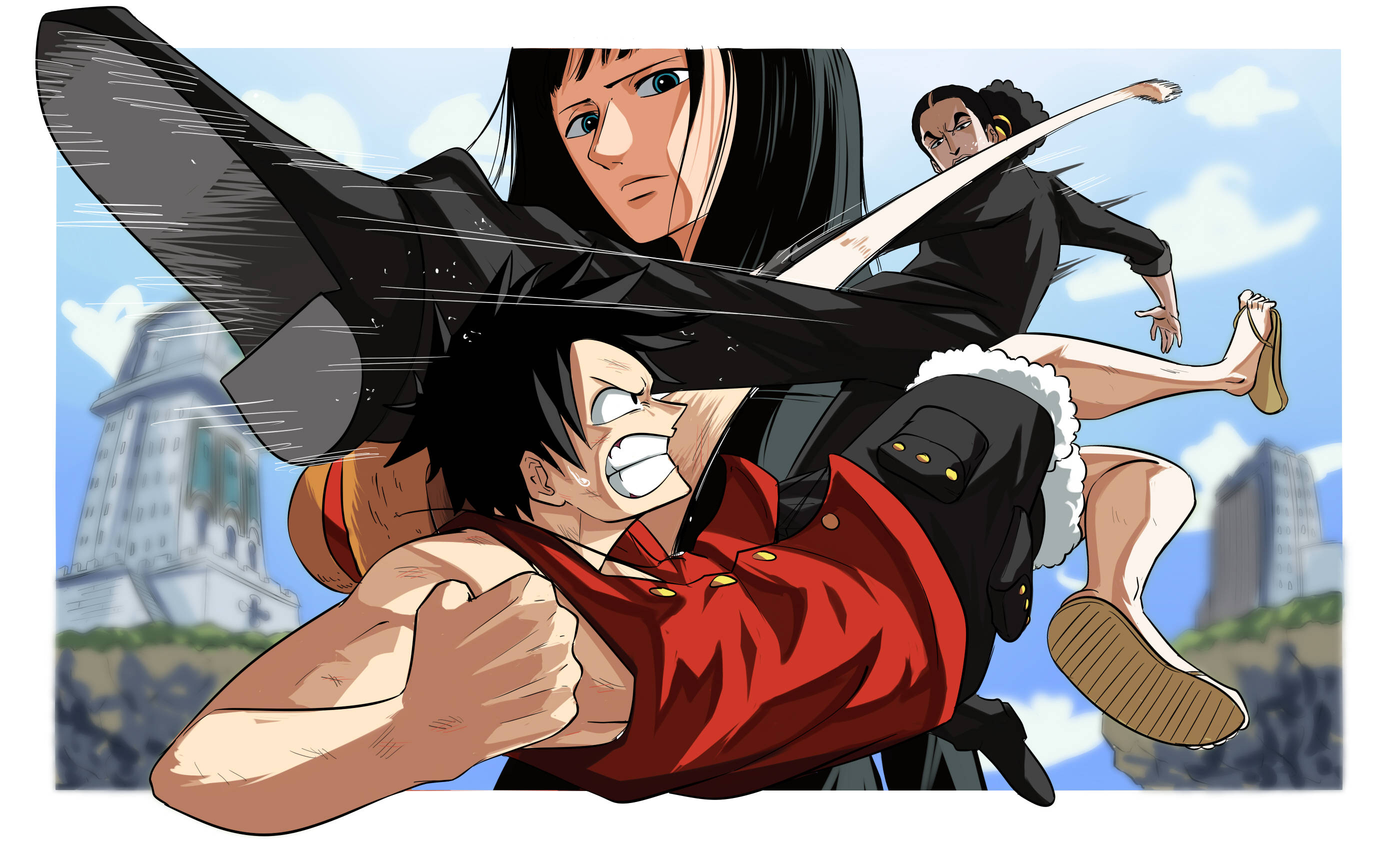 robin 桌布 壁紙 — 一個動態的動漫戰鬥場景，黑髮戰士穿著紅色襯衫，在城市天際線背景下與對手搏鬥。