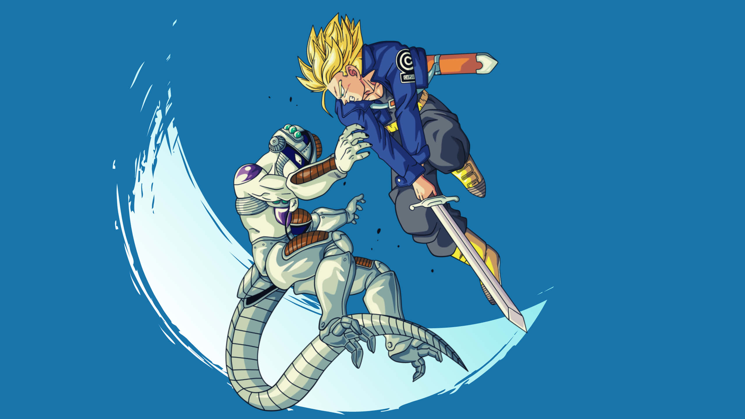 Dragon Ball Z Trunks 桌布 壁紙 — 一個動態的動漫戰鬥場景顯示一個藍色刺蝟頭髮的戰士跳起攻擊一個機械龍狀生物，背景為純藍色。