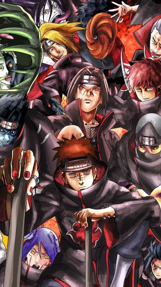 Itachi And Kisame 桌布 壁紙 — 一個動態的動漫拼貼畫，描繪了身穿帶有紅色雲朵的黑色斗篷的曉組織成員，表情強烈，燈光戲劇化。